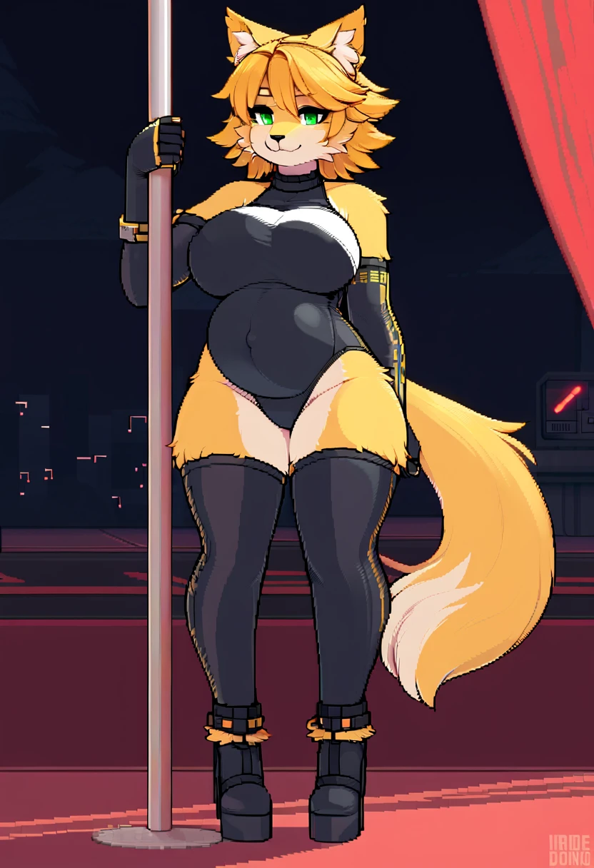 Excited expression, 1girl, anthro, furry, fur, fluffy fur, flareon girl, yellow hair (red highlights), black sclera, white eyes, short hair, Messy hair, (19 years), medium , thicc thighs, solo, (stripclub), neon lights, blacklight, detailed, smug smile, (playbo suit), pantyhose, si on sofa, from behind, butt, butt focus, t viewore_9, score_8_up, score_7_up, score_6_up, score_5_up, score_4_up