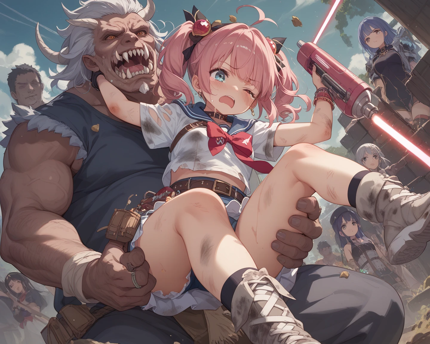 highly detailed 8k, beautiful girl, molested by ugly men, groped, full body shot, size difference, men out of frame, torn clothes, restrained,