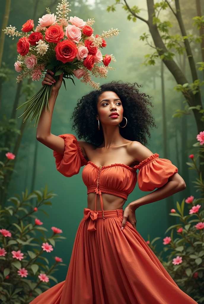 Imagine the powerful and graceful woman in an art nouveau setting, where vibrant neon flowers grow around her. The woman's dress must have bright tones and neon details, highlighting her imposing figure. Flowers should create a natural frame, adding a touch of delicacy to the scene. The image should be visually striking and full of life.