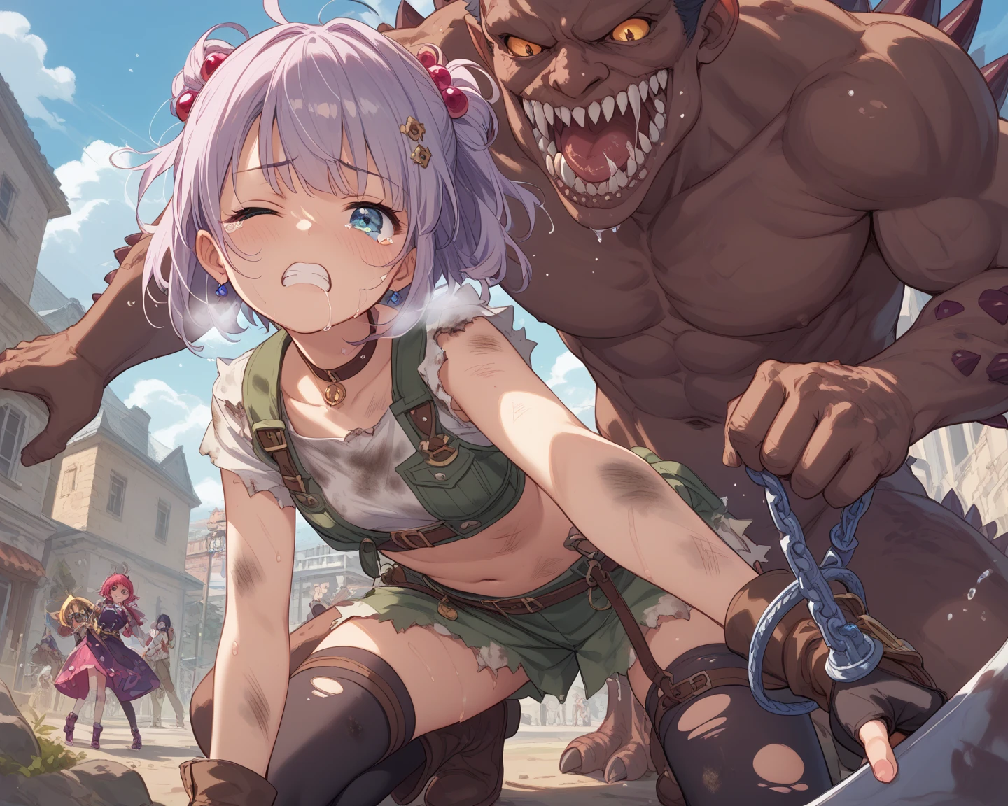 Masterpiece, ghostriding, a ghost is riding a girl, (all four), 1 girl, Medium bust, (armor:1.1), (Nose hook), ghost, rein, shirt collar, Hisako Arato, pink hair, short hair, brown eyes