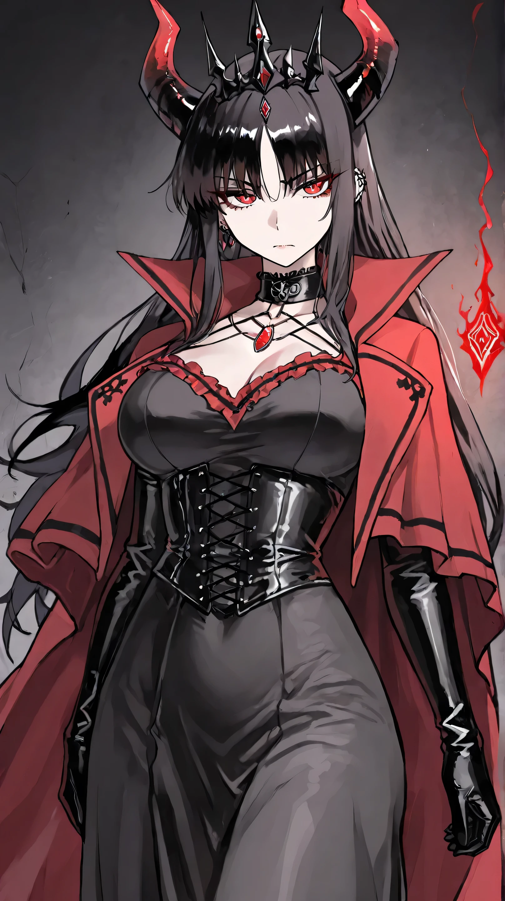 Masterpiece, Best Quality, Top Quality, Very Detailed, A mesmerizing anime-style illustration of a mysterious dark queen with long, flowing dark hair and piercing red eyes. She wears a regal black and crimson gothic dress with intricate metallic details, a high collar, and a flowing cape that billows in the cold, dark environment. Delicate yet sharp, her black crown-like horns add an air of power and elegance. Snowflakes drift through the air, illuminated by a faint ethereal glow. A floating, radiant red gemstone encased in a magical metal frame hovers beside her, pulsating with an ominous energy. Her expression is calm yet commanding, as if she holds untold secrets of the abyss.