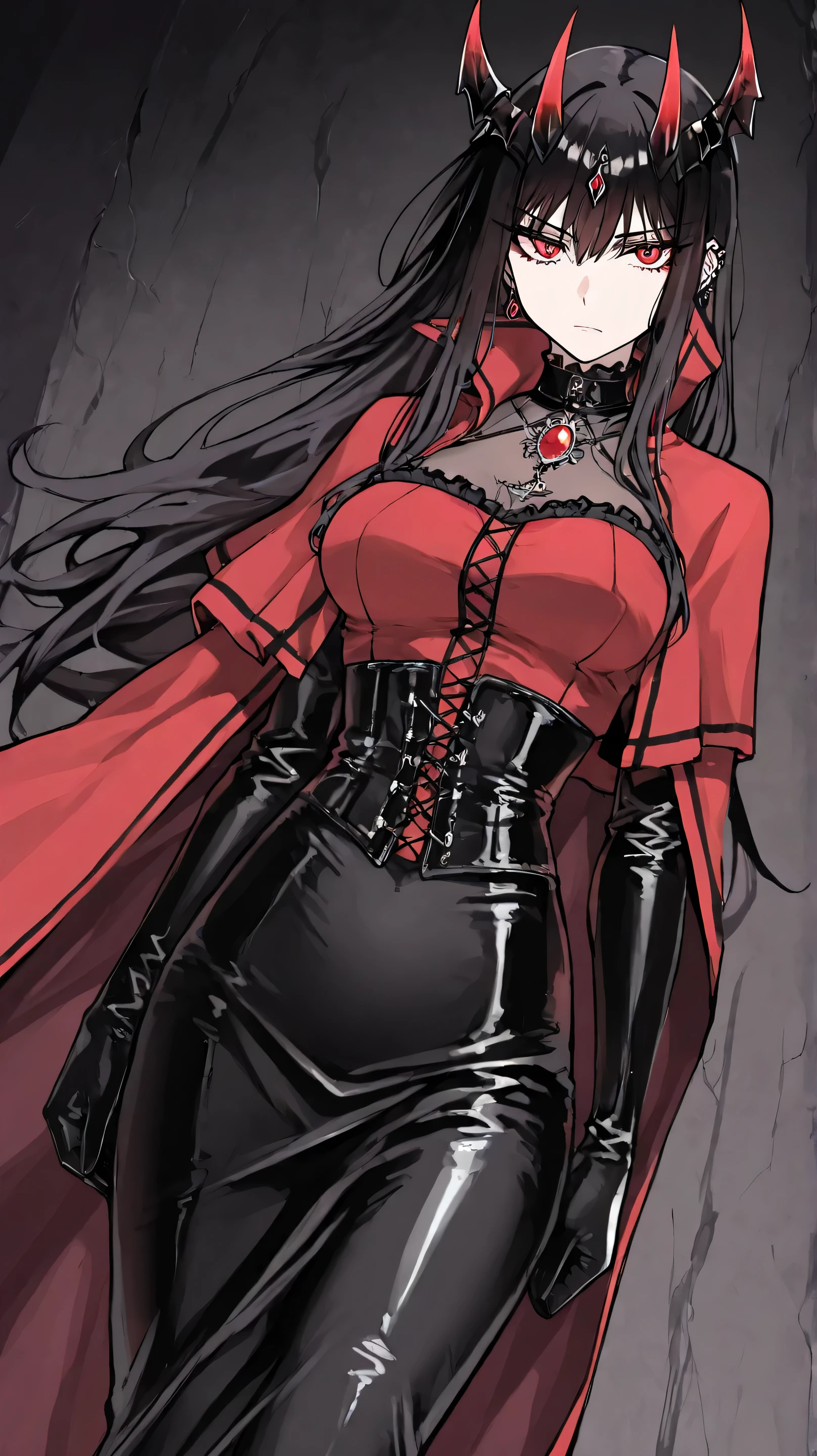Masterpiece, Best Quality, Top Quality, Very Detailed, A mesmerizing anime-style illustration of a mysterious dark queen with long, flowing dark hair and piercing red eyes. She wears a regal black and crimson gothic dress with intricate metallic details, a high collar, and a flowing cape that billows in the cold, dark environment. Delicate yet sharp, her black crown-like horns add an air of power and elegance. Snowflakes drift through the air, illuminated by a faint ethereal glow. A floating, radiant red gemstone encased in a magical metal frame hovers beside her, pulsating with an ominous energy. Her expression is calm yet commanding, as if she holds untold secrets of the abyss.