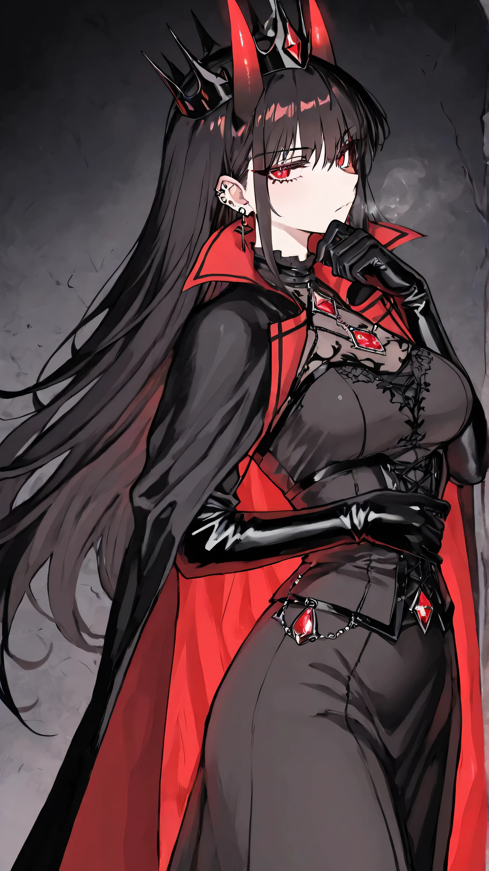 Masterpiece, Best Quality, Top Quality, Very Detailed, A mesmerizing anime-style illustration of a mysterious dark queen with long, flowing dark hair and piercing red eyes. She wears a regal black and crimson gothic dress with intricate metallic details, a high collar, and a flowing cape that billows in the cold, dark environment. Delicate yet sharp, her black crown-like horns add an air of power and elegance. Snowflakes drift through the air, illuminated by a faint ethereal glow. A floating, radiant red gemstone encased in a magical metal frame hovers beside her, pulsating with an ominous energy. Her expression is calm yet commanding, as if she holds untold secrets of the abyss.