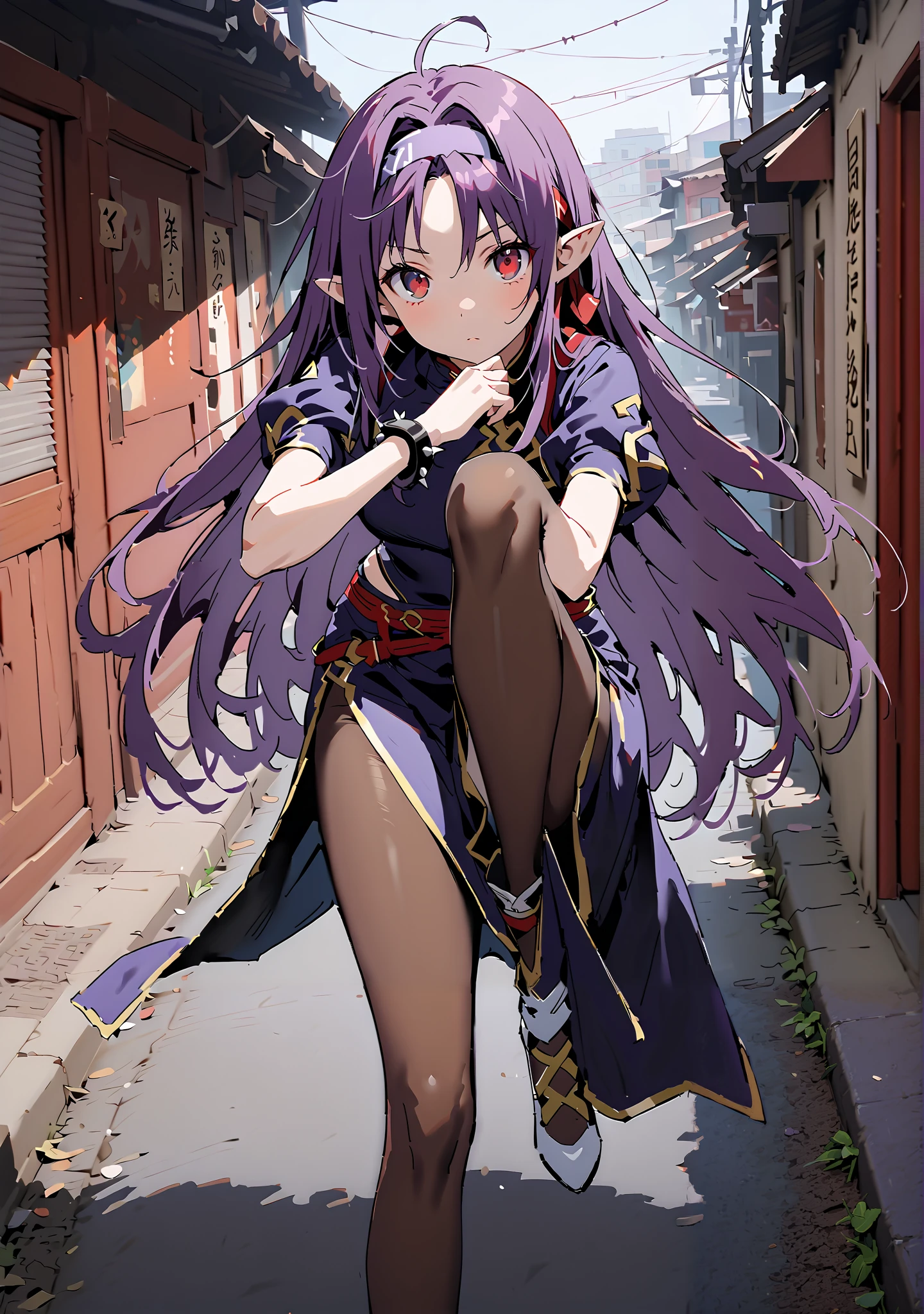 score_9, score_8_up, score_7_up, source_anime,
yuukiKonno, Konno Yuuki, headband, long hair, pointed ears, purple hair, red eyes, double chauban ,serious,close your mouth,chunlicosplay, Chunli \(cosplay\), blue dress, boots, bracelet, brown pantyhose, china dress, Chinese clothes, cross lace footwear, dress, gold trim, jewelry, pantyhose, pelvic curtain, puff sleeve, band, short sleeve, side slits when it comes out, spiked bracelet, spike, White footwear,That's right.,standing, leg up, Leg lift, Beautiful cityscape, combat posture,full bodyがイラストに入るように, break outdoors,Chinatown,
break looking at viewer,full body,
break (masterpiece:1.2),Top Quality , kampala, Unity 8K Wallpaper ,(shape:0.8),( fine, beautiful eyes :1.6),It's a person ,full body写真,CG Details , (perfect hands with full nudity, complete anatomy),