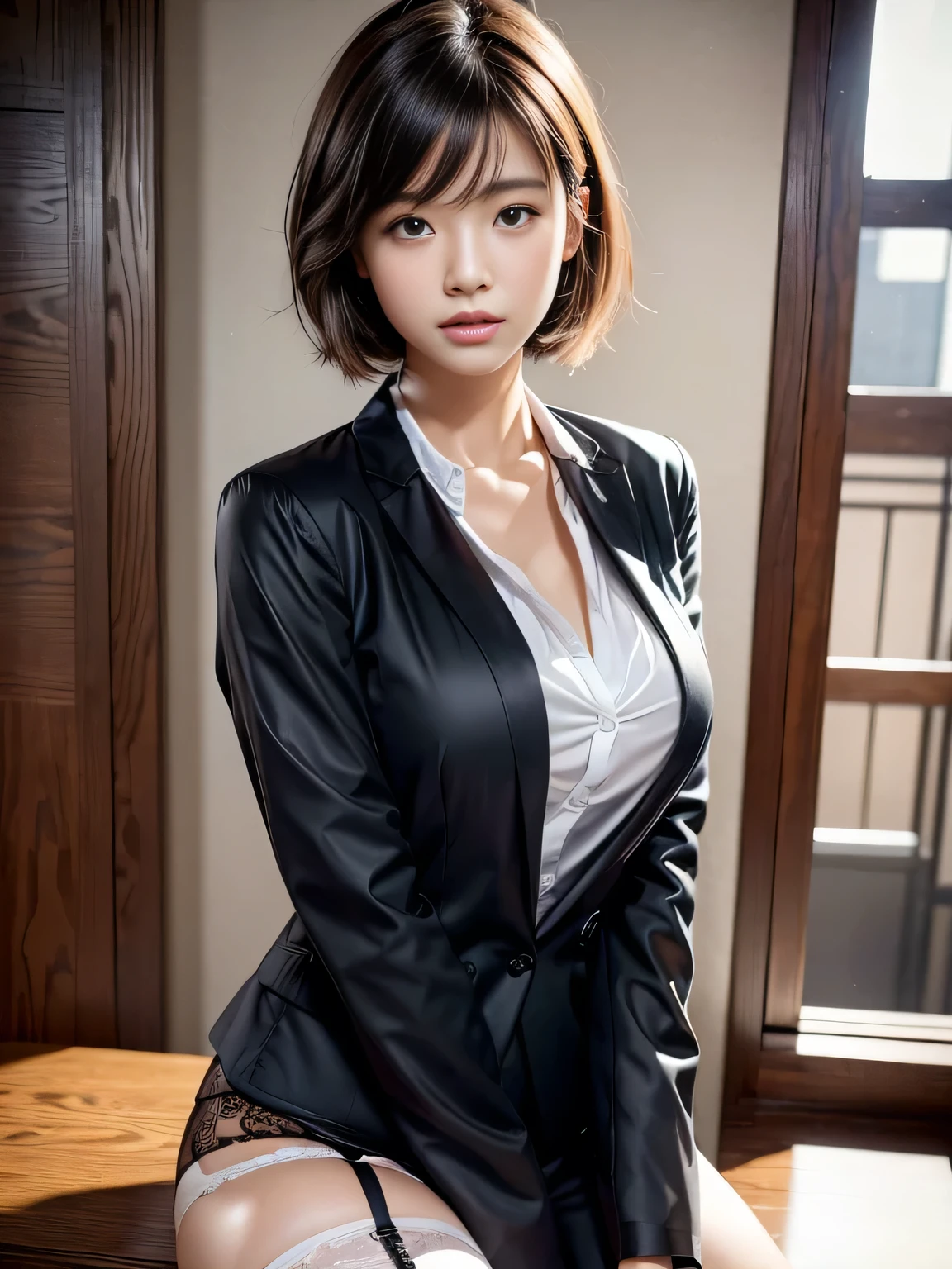 up escalator skirt、short coat、Close up of lower body、View from behind、very low camera angle、leaning forward、(bent forward:1.7)、panties in skirt(rolled up the skirt: 1.3).she turned and looked at the photographer.There are panties inside the skirt.detailed facial rendering.serious expression.Her gaze is fixed on the camera. (Thigh exposed).