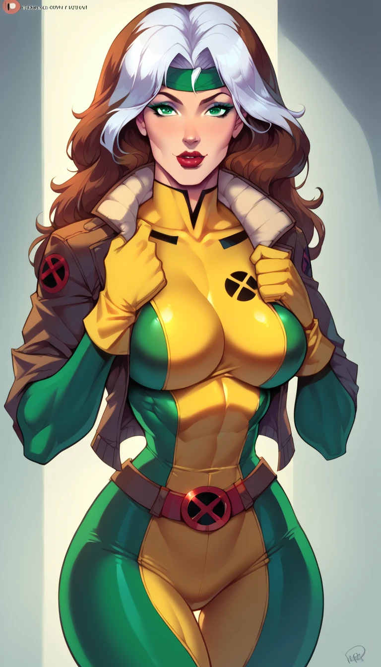 score_9, score_8_up, score_7_up, source_comic, BREAK 1girl, solo, Rogue, looking at viewer, parted lips, X-Men suit, bomber jacket, mature woman, hot, taking a photo with a cell phone, model poses, cameltoe,