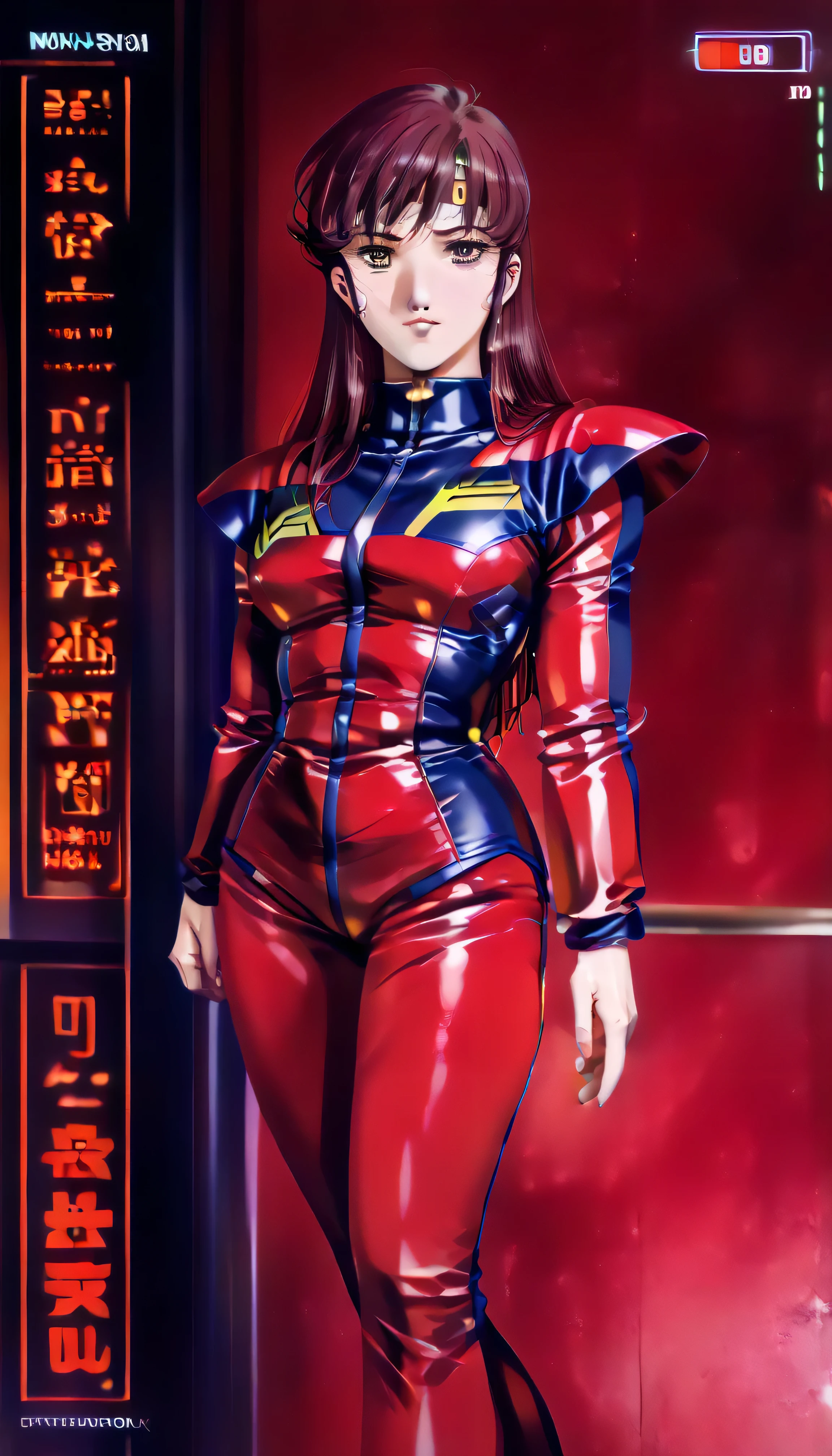 RAW photo, (photorealistic:1.4), (1 girl:1.8), beautiful hair, bright pupils, high detail, viewfinder, Eye-Level Shot, 8k, super detail, masterpiece, anatomically correct, textured skin, high details, award winning, best quality, female knight, (nickname is the Bloody Rose), (Crimson Armor:1.6), veteran warrior, age 25, big breasts, cleavage, great proportions, long legs, beautiful legs, tall, slim waist, beautiful hip line, Slim figure, supple abdominal muscles, (Characters from the Japanese anime "Mobile Suit Gundam", mobile suit pilot:1.6, Normal suit appearance:1.6), ace pilot, (In the background is her mobile suit), (A red space suit that fits the body:1.4)