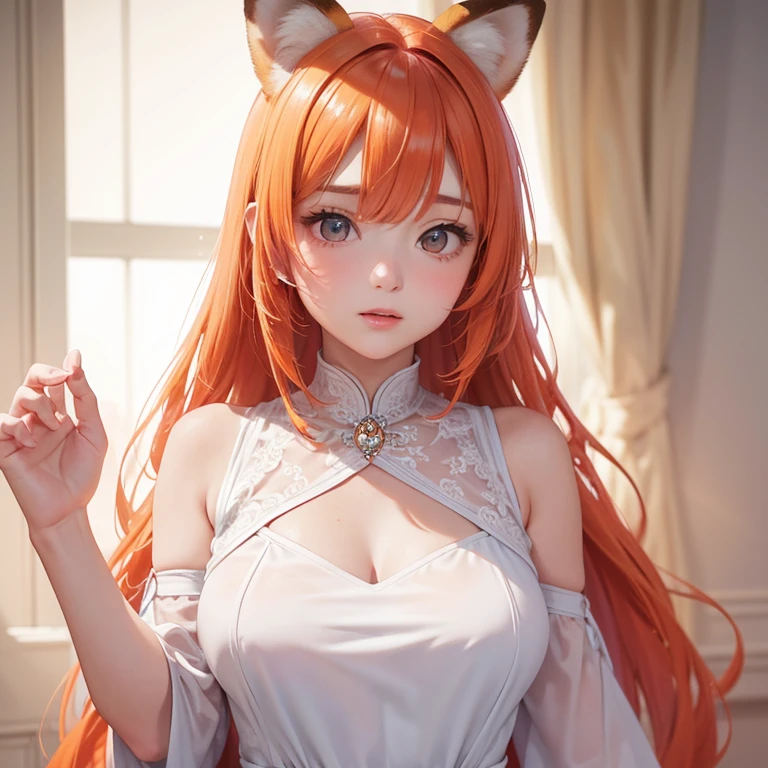 Raphtalia beautiful woman 22 years old - with round animal ears, cabello naranjo, sonrisa amable, piel clara, red eyes like rubies, disfraz griego. color rojo, pechos grandes bien formados escote, pechos grandes. chinese garden bottom neckline. disfraz rojo, disfraz rojo . sexy pose ruby red eyes.  orejas de animal redondas