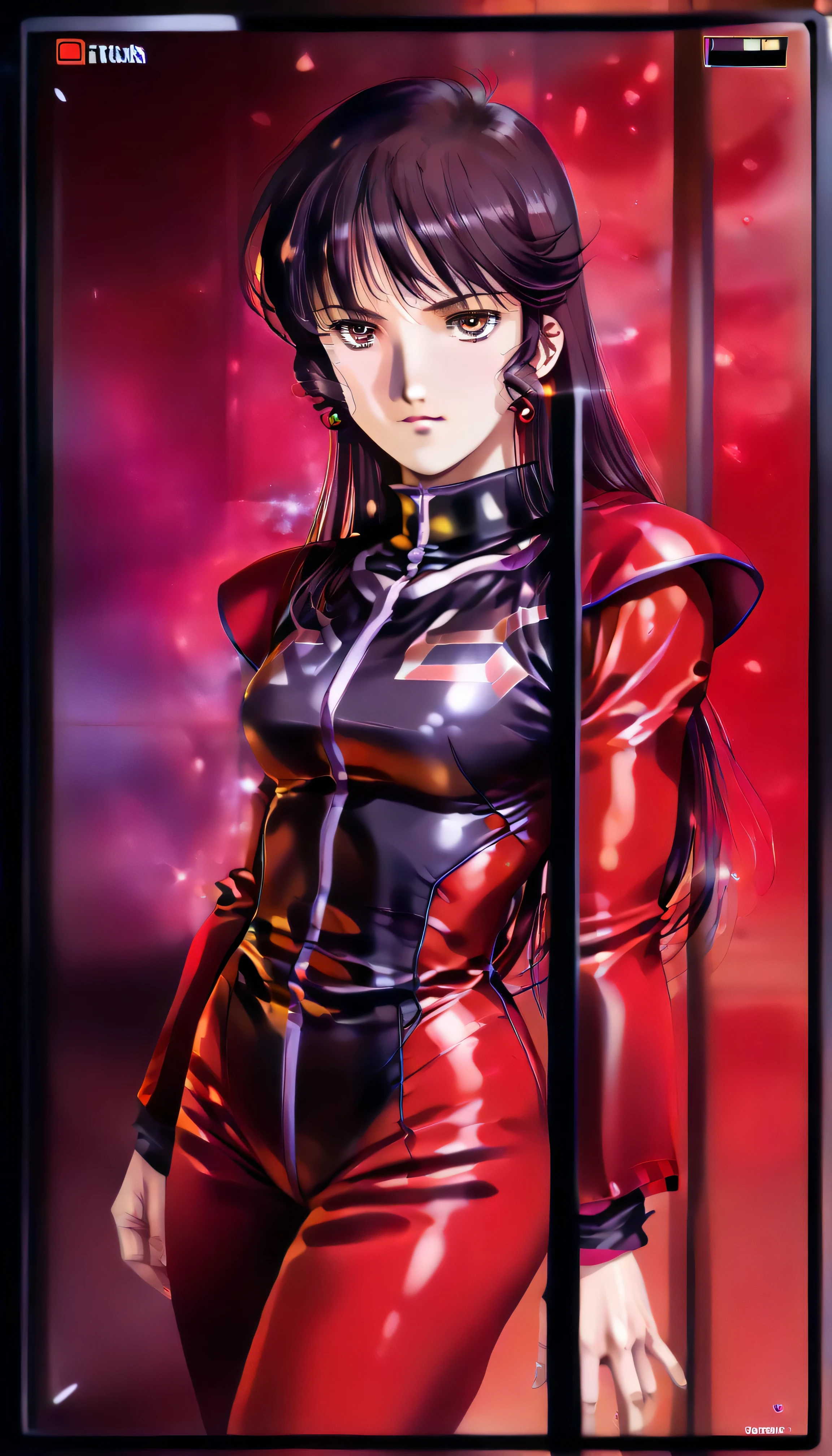 RAW photo, (photorealistic:1.4), (1 girl:1.8), beautiful hair, bright pupils, high detail, viewfinder, Eye-Level Shot, 8k, super detail, masterpiece, anatomically correct, textured skin, high details, award winning, best quality, female knight, (nickname is the Bloody Rose), (Crimson Armor:1.6), veteran warrior, age 25, big breasts, cleavage, great proportions, long legs, beautiful legs, tall, slim waist, beautiful hip line, Slim figure, supple abdominal muscles, (Characters from the Japanese anime "Mobile Suit Gundam", mobile suit pilot:1.6, Normal suit appearance:1.6), ace pilot, (In the background is her mobile suit), (A red space suit that fits the body:1.4)
