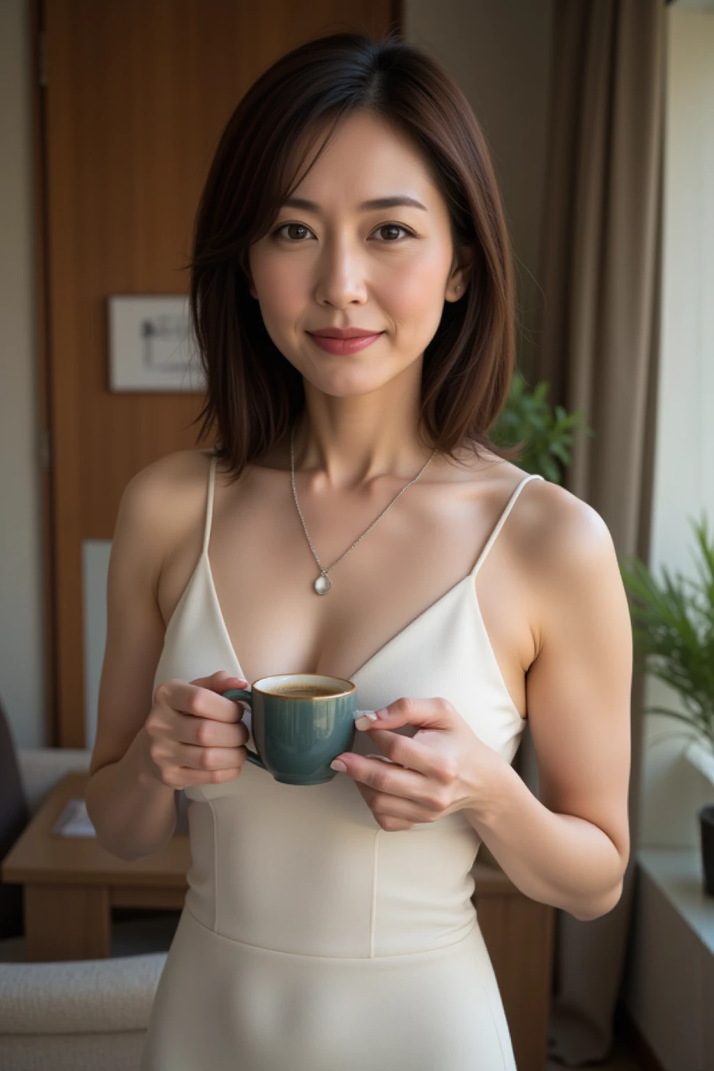 Outfit: Mature bikini showing off her long
Situation: The figure relaxing in a warm old-fashioned café.The light coming in from the window creates a nostalgic atmosphere.
* Expression: Gentle smile, reading a book, drinking tea... show a relaxed expression.
* Additional elements: Incorporate the surrounding scenery, such as old furniture and accessories, as well as the greenery outside the window.