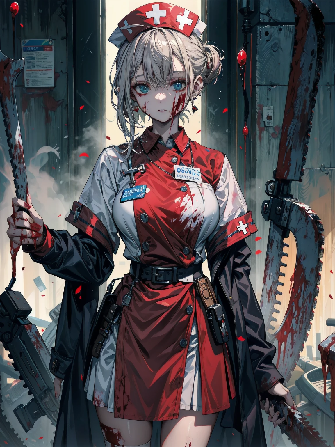 a picture of vampire nurse in a dark hospital, goth hospital, exquisite beautiful nurse, ((full body shot: 1.5)), ((anatomically correct: 1.5)), (ultra detailed face: 1.2), pale skin, dynamic hair style, dynamic hair color, wearing white silk nurse robes, white skirt,(holding blood transfusion bag: 1.3), BloodSoakedAI,  goth hospital background, dark fantasy art, goth art, Hyperrealism style, vibrant, Ultra-high resolution, High Contrast, (masterpiece:1.5), highest quality, Best aesthetics), best details, best quality, highres, ultra wide angle, 16k, [ultra detailed], masterpiece, best quality, (extremely detailed) RAW, BloodSoakedAI, valorant art style
