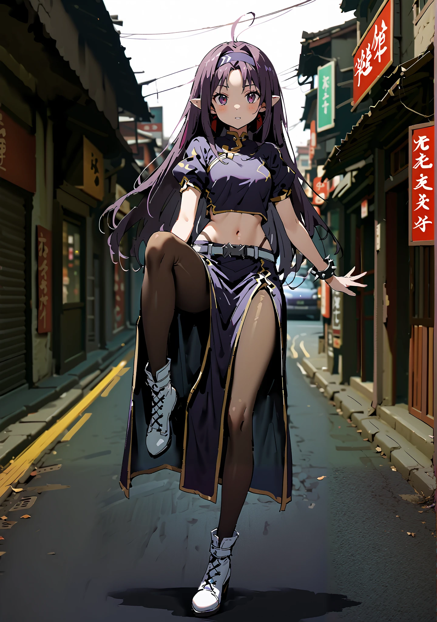 score_9, score_8_up, score_7_up, source_anime,
yuukiKonno, Konno Yuuki, headband, long hair, pointed ears, purple hair, red eyes, double chauban ,serious,close your mouth,chunlicosplay, Chunli \(cosplay\), blue dress, boots, bracelet, brown pantyhose, china dress, Chinese clothes, cross lace footwear, dress, gold trim, jewelry, pantyhose, pelvic curtain, puff sleeve, band, short sleeve, side slits when it comes out, spiked bracelet, spike, White footwear,That's right.,standing, leg up, Leg lift, Beautiful cityscape, combat posture,full bodyがイラストに入るように, break outdoors,Chinatown,
break looking at viewer,full body,
break (masterpiece:1.2),Top Quality , kampala, Unity 8K Wallpaper ,(shape:0.8),( fine, beautiful eyes :1.6),It's a person ,full body写真,CG Details , (perfect hands with full nudity, complete anatomy),