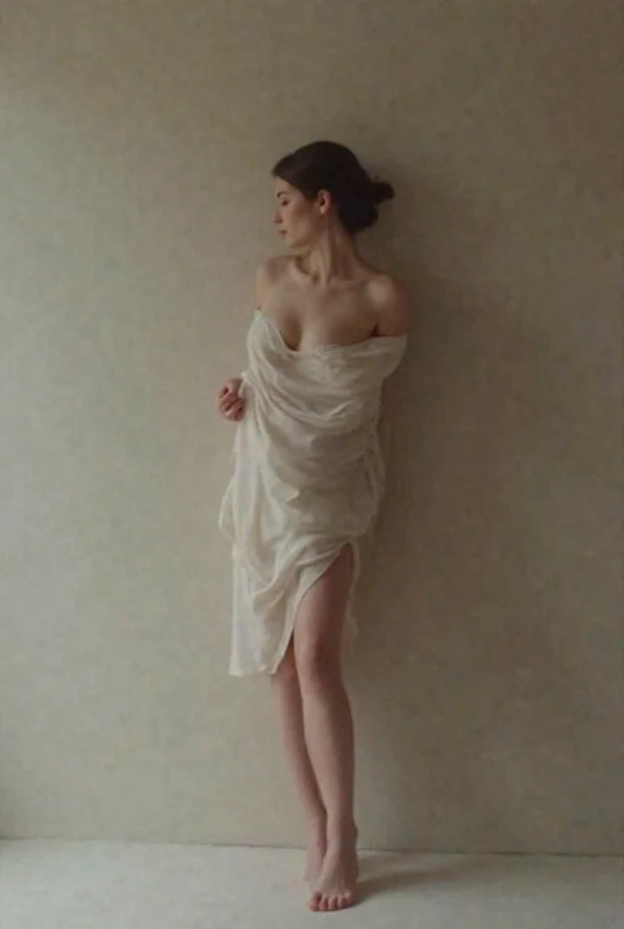 Impasto Oil Painting of a Woman, 20yr old、cute little、profile , transgender woman stares at the camera, posing beside a marble pillar、nude, small breasts, flat chested, curvy body, Carmel toned ginger hair, hyper - realistic oil painting. masterpiece artwork、wish、Reverent look, young woman、Line Light