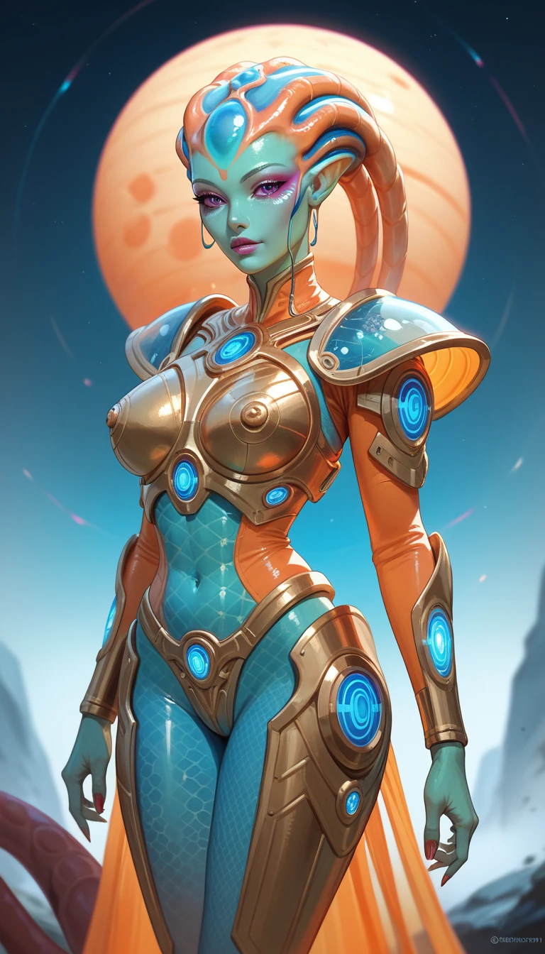 Ancient Extraterrestrial Creature, Alien Being, ((Non-Human)), Female seductive Alien, colorful chitinous skin, seductive Alien clothes, Holographic armor