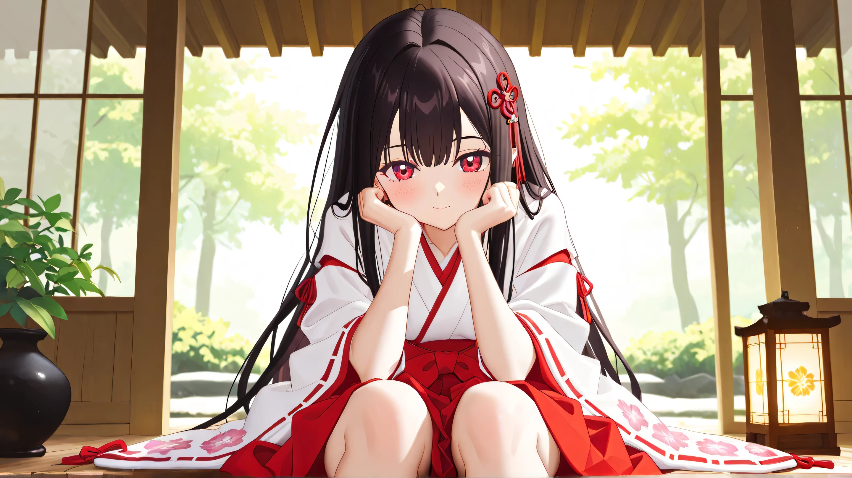 Masterpiece, Best Quality, Top Quality, Very Detailed, A breathtaking anime-style illustration of a beautiful shrine maiden with long, flowing dark hair and captivating red eyes. She is dressed in a traditional red and white miko outfit adorned with intricate floral patterns and elegant tassels. A large crimson ribbon with delicate ornaments decorates her hair, gently swaying with the breeze. She is resting on a wooden veranda, gazing softly at the viewer with a serene yet enchanting expression. Sunlight filters through the wooden beams, casting a warm, golden glow on her delicate face. A small traditional Japanese lantern sits nearby, adding to the tranquil and harmonious atmosphere of the scene. The background showcases a peaceful shrine garden with lush greenery and softly blurred elements, enhancing the dreamy and immersive feel.