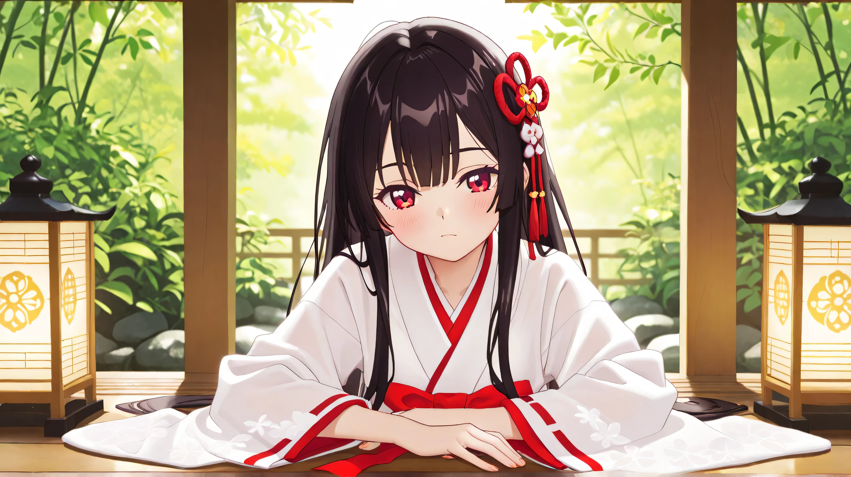 Masterpiece, Best Quality, Top Quality, Very Detailed, A breathtaking anime-style illustration of a beautiful shrine maiden with long, flowing dark hair and captivating red eyes. She is dressed in a traditional red and white miko outfit adorned with intricate floral patterns and elegant tassels. A large crimson ribbon with delicate ornaments decorates her hair, gently swaying with the breeze. She is resting on a wooden veranda, gazing softly at the viewer with a serene yet enchanting expression. Sunlight filters through the wooden beams, casting a warm, golden glow on her delicate face. A small traditional Japanese lantern sits nearby, adding to the tranquil and harmonious atmosphere of the scene. The background showcases a peaceful shrine garden with lush greenery and softly blurred elements, enhancing the dreamy and immersive feel.