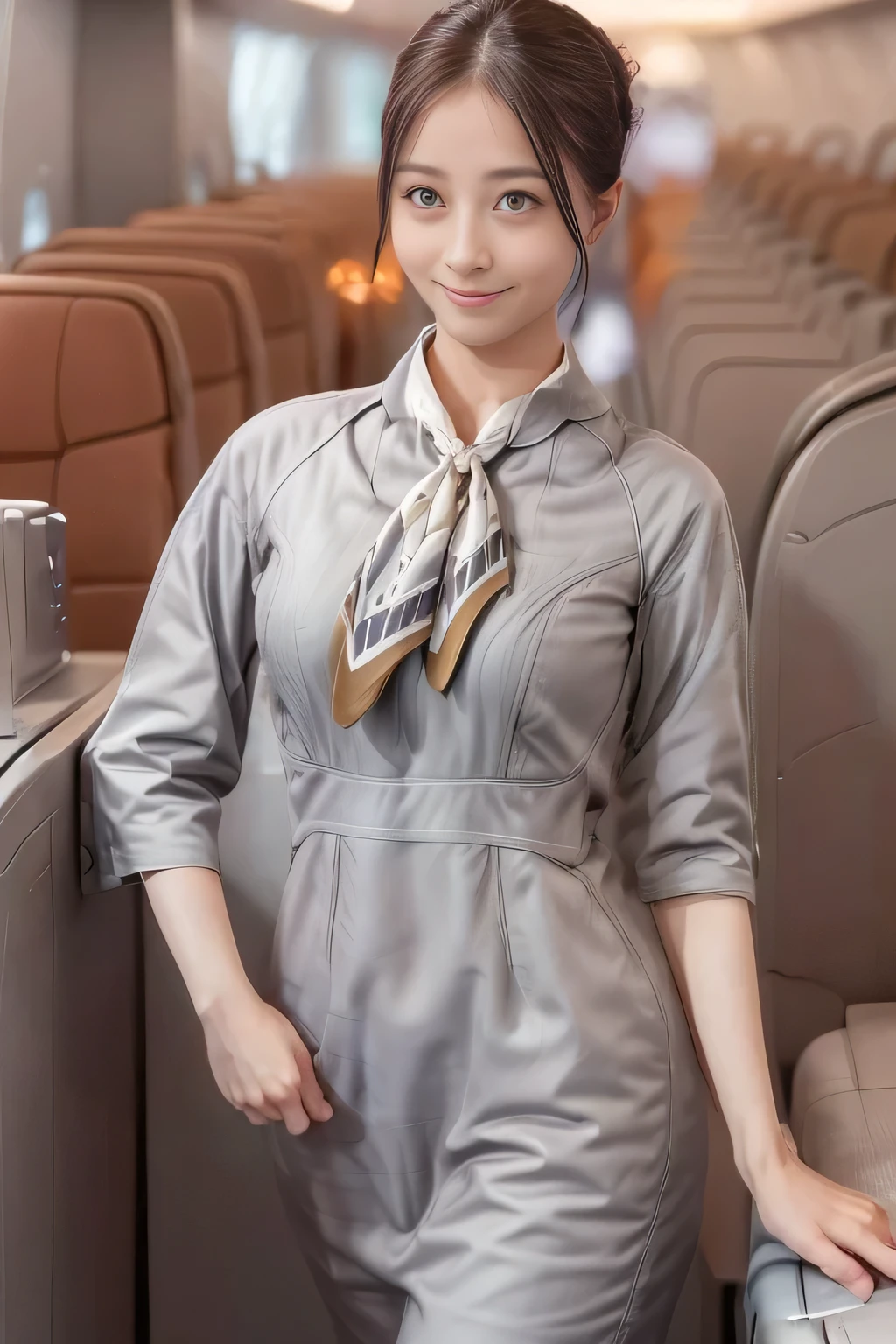 (masterpiece:1.2, best quality:1.2), 32kHDR, High Resolution, (alone、1 girl)、(Starlux Flight Attendant Uniforms)、 (At the airport counter, professional lighting)、A proper woman, beautiful face,、(Starlux Flight Attendant Uniforms Short Sleeve)、(Starlux Flight Attendant Uniforms)、(Scarf on chest)、Big Breasts、(long hair、hair bun)、dark brown hair、 long hit 、(( amazing hands:2.0)),((A harmonious body shape:1.5)),((Normal limbs:2.0)),((Usually refers to:2.0)),((Normal eyes:2.0)))、Beautiful position、smile、Hands crossed underneath
