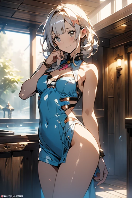 (A masterpiece of image quality in 8K),(Beautiful Allafed Woman),(((emphasizing breasts:1.1))),(Dynamic angles),(Dynamic and sexy bending pose:1.3),(sit a chair:1.1),(Short hair in shiny silver and orange inner colors,small full breasts,Disturbance of clothing due to movement,breast slip,(Ponytail twisted buns adorned with elaborate braids and beads,Braided Setup Fishbone Hair,),(see-through bangs),(perky chest:1.1), (pointed chest:1.3), small breasts、(((A white lace apron that shows your bare skin from under your small breasts)))、Blush with embarrassment、Enraptured eyes、A smile that beguiles the viewer、(Look back:1.7)、Look into the photographer,skin glistening with sweat,gazing at viewer,,(Professional Lighting),(8K,masutepiece,top-quality,Ultra-high resolution output image,),(Ultra HD with complex detail image modes),depth of fields,Beautiful hands,Beautiful fingers,Detailed finger features,(Detailed hair features:1.7),detailed facial features,detailed clothes features, (perky chest:1.1), (pointed chest:1.3),