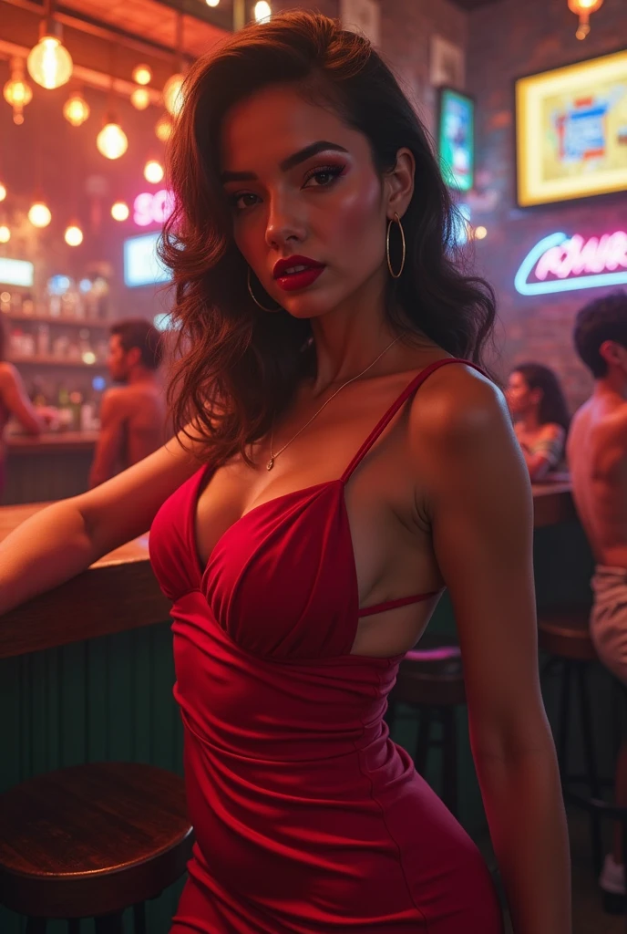 Realistic photo, hot woman, white skin, long brown hair, blue eyes, full lips, big silicone breasts, slim waist, thick thighs, red nails, red lipstick, gold hoop earrings, gold necklace, gold bracelet, gold ring, tattoo on arm, sexy black dress, at nightclub, standing up
