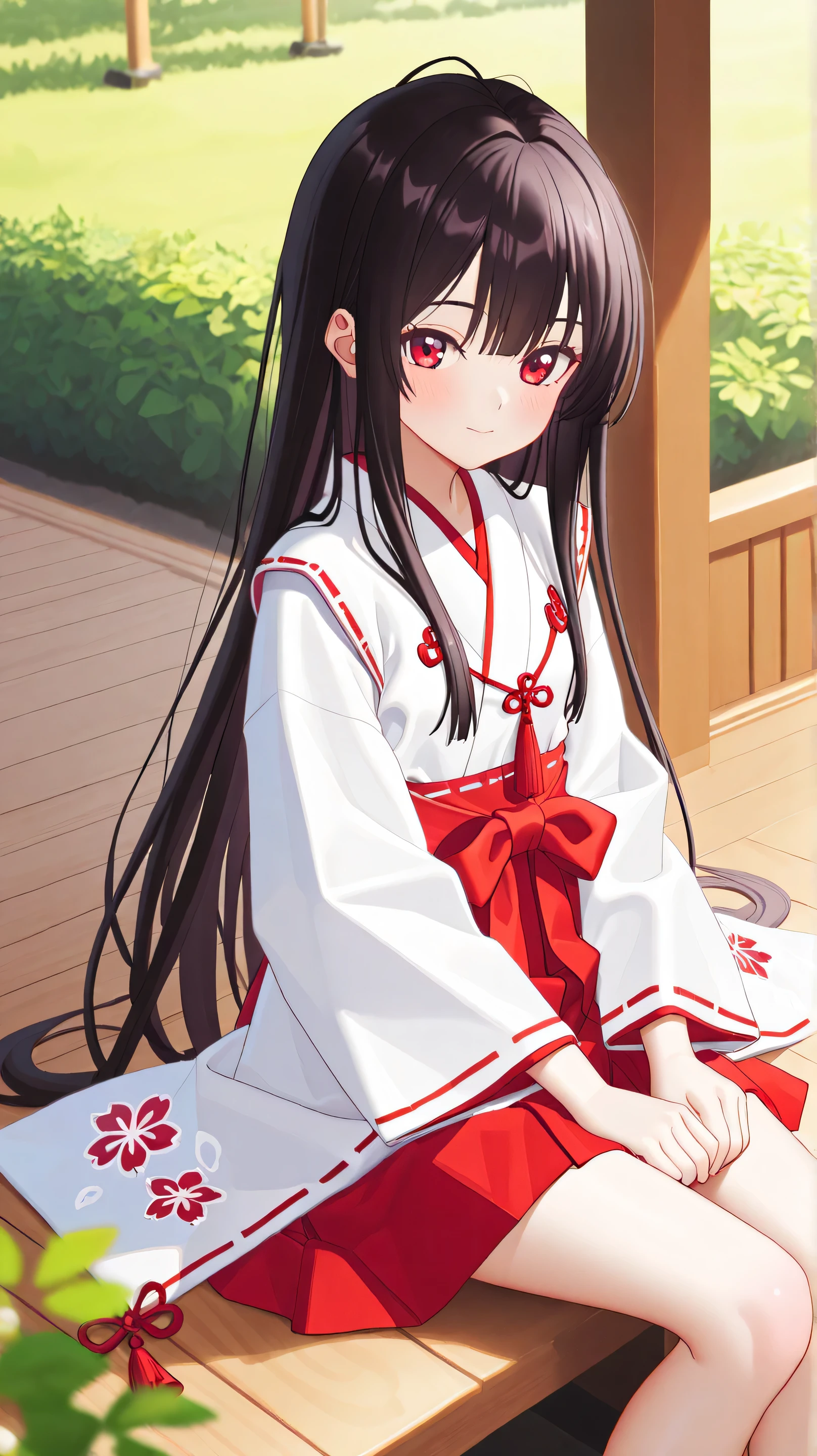 Masterpiece, Best Quality, Top Quality, Very Detailed, A breathtaking anime-style illustration of a beautiful shrine maiden with long, flowing dark hair and captivating red eyes. She is dressed in a traditional red and white miko outfit adorned with intricate floral patterns and elegant tassels. A large crimson ribbon with delicate ornaments decorates her hair, gently swaying with the breeze. She is resting on a wooden veranda, gazing softly at the viewer with a serene yet enchanting expression. Sunlight filters through the wooden beams, casting a warm, golden glow on her delicate face. A small traditional Japanese lantern sits nearby, adding to the tranquil and harmonious atmosphere of the scene. The background showcases a peaceful shrine garden with lush greenery and softly blurred elements, enhancing the dreamy and immersive feel.