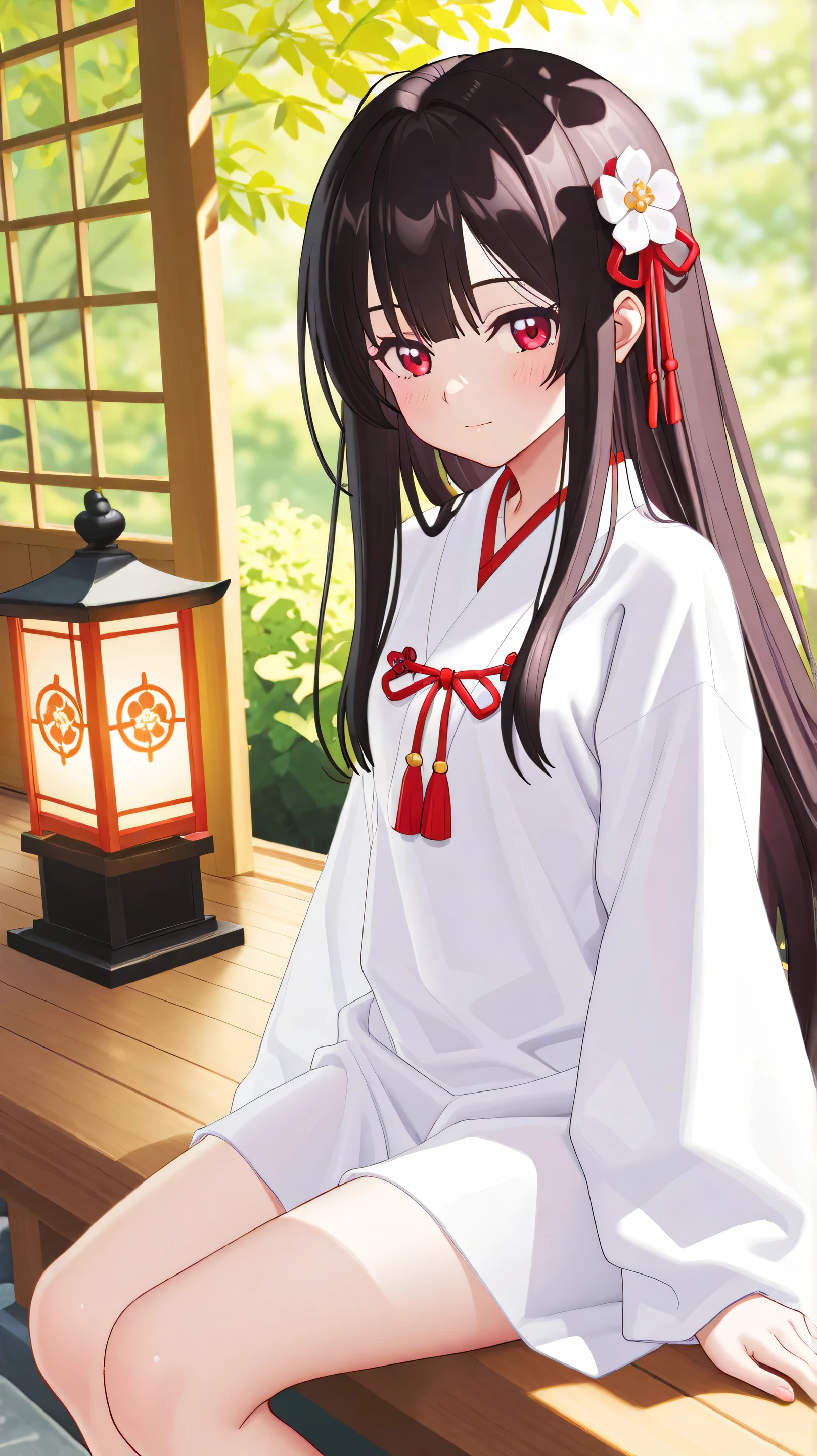 Masterpiece, Best Quality, Top Quality, Very Detailed, A breathtaking anime-style illustration of a beautiful shrine maiden with long, flowing dark hair and captivating red eyes. She is dressed in a traditional red and white miko outfit adorned with intricate floral patterns and elegant tassels. A large crimson ribbon with delicate ornaments decorates her hair, gently swaying with the breeze. She is resting on a wooden veranda, gazing softly at the viewer with a serene yet enchanting expression. Sunlight filters through the wooden beams, casting a warm, golden glow on her delicate face. A small traditional Japanese lantern sits nearby, adding to the tranquil and harmonious atmosphere of the scene. The background showcases a peaceful shrine garden with lush greenery and softly blurred elements, enhancing the dreamy and immersive feel.