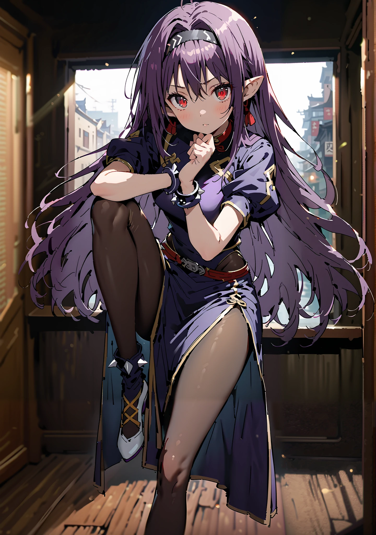 score_9, score_8_up, score_7_up, source_anime,
yuukiKonno, Konno Yuuki, headband, long hair, pointed ears, purple hair, red eyes, double chauban ,serious,close your mouth,chunlicosplay, Chunli \(cosplay\), blue dress, boots, bracelet, brown pantyhose, china dress, Chinese clothes, cross lace footwear, dress, gold trim, jewelry, pantyhose, pelvic curtain, puff sleeve, band, short sleeve, side slits when it comes out, spiked bracelet, spike, White footwear,That's right.,standing, leg up, Leg lift, Beautiful cityscape, combat posture,full bodyがillustration for both eyesに入るように, break outdoors,Chinatown,
break looking at viewer,full body,
break (masterpiece:1.2), Top Quality, High Resolution, Unity 8K Wallpaper , (illustration for both eyes:0.8), (Beautiful Detailed Eyes:1.6), very detailed face, perfect lighting, highly detailed CG, (perfect hands in a dark bedroom, perfect anatomy),