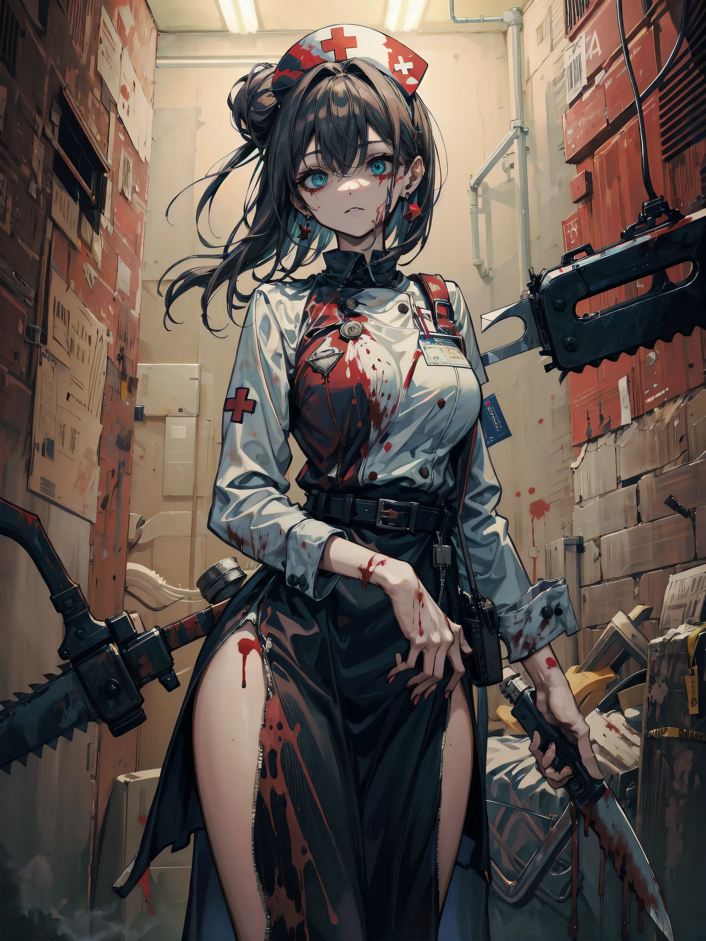 earring, large breasts, narrow waist, short hair, wavy hair, hair behind ear, half updo, black hair, looking at viewer, cowboy shot, blood, blood splatter, blood on clothes, blood stain, hospital, nurse uniform, have a chainsaw, zombie, hospital,