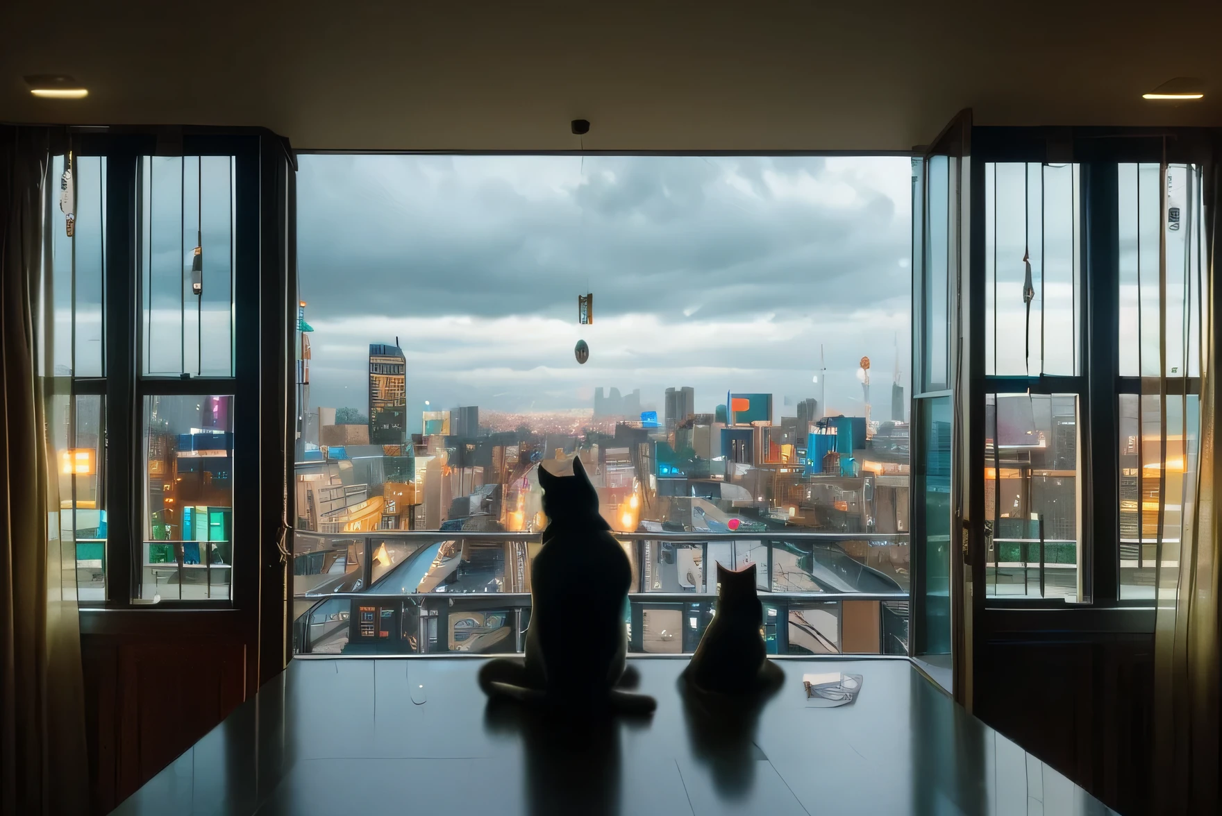 City at night on a rainy day,Rainy city views seen from high-rise window panes,Black cat looking out the window,Water droplets on the window,Cityscape(Neon lights and buildings)Fuzzy image,Man holding colorful umbrellas in the city々々, Indirect Lighting,Green plant accents in the room,interior,Rainy scene, Blurred single color background、Create a window-view atmosphere,Black cat sitting by the window looking out,water drop effect,Bright colors used for water droplets、Use highlights to create a sheen, fine details of window frames and curtains with gradient optical effects,Highly detailed and accurate painting,fantastic and hallucinatory art,Very detailed and amazing art,An interesting experimental composition