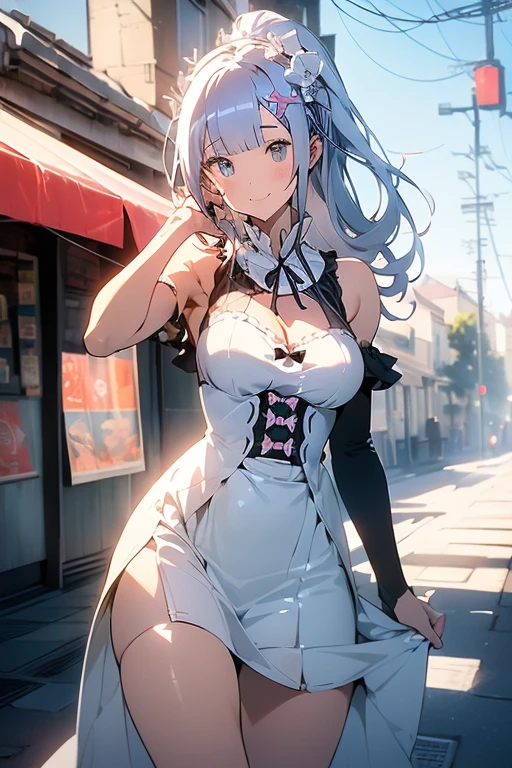 All intricate details: "(masterpiece, best quality, HuTao, 1girl, solo, blush, twintails, long hair, hair between eyes, ((very short street wear very short clothes)), city, outdoors, night, extremely detailed, firm breasts, medium breasts, smooth, high resolution, ultra quality, extremely thin and light clothing transparent as air, cinematic lighting, ambient occlusion, extremely detailed anime, Extremely wide diamond neckline, all clothes unbuttoned and open, detailed faces, perfect composition, wide shot, atmospheric lighting, very sexy, lift skirt, random low angle, uncensored, nsfw