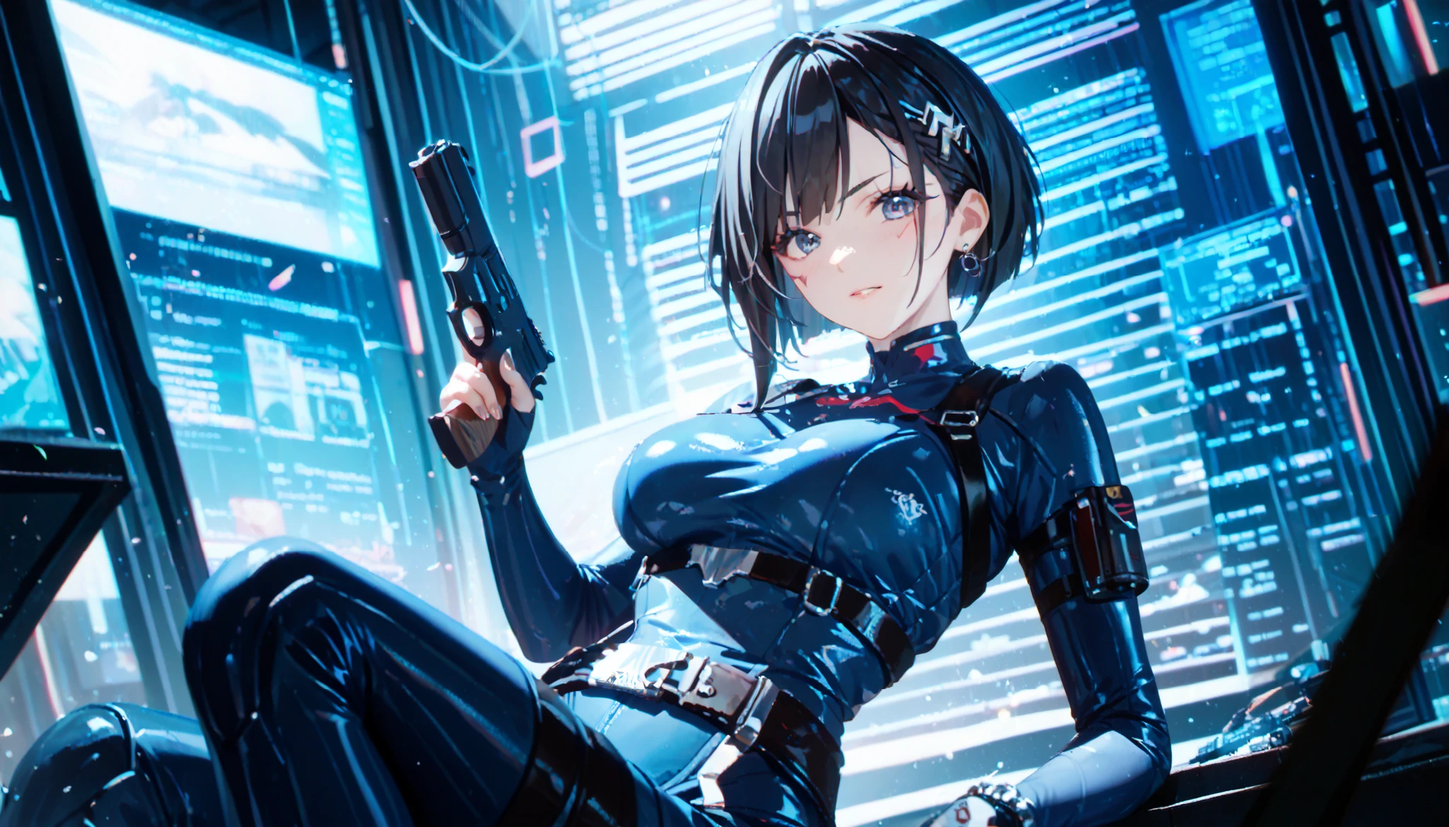 blue bodysuit、highlight body lines、 black hair、beauties、Mechanical Watches、Cyberpunk、sci-fi animation、Pistol、thick metal belt