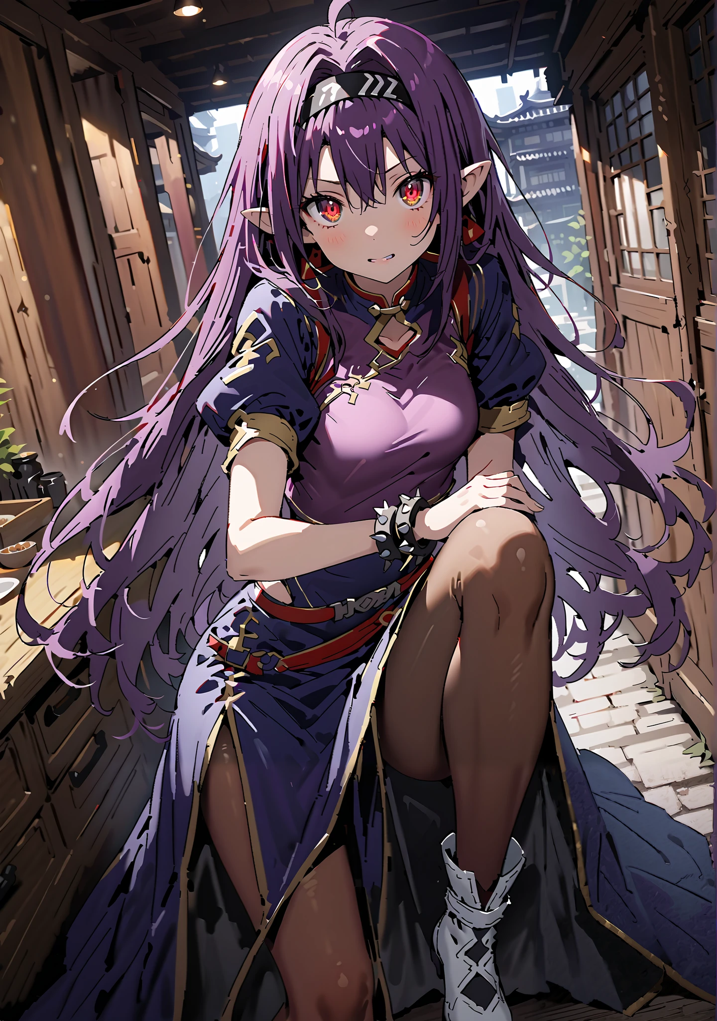 score_9, score_8_up, score_7_up, source_anime,
yuukiKonno, Konno Yuuki, headband, long hair, pointed ears, purple hair, red eyes, double chauban ,serious,close your mouth,chunlicosplay, Chunli \(cosplay\), blue dress, boots, bracelet, brown pantyhose, china dress, Chinese clothes, cross lace footwear, dress, gold trim, jewelry, pantyhose, pelvic curtain, puff sleeve, band, short sleeve, side slits when it comes out, spiked bracelet, spike, White footwear,That's right.,standing, leg up, Leg lift, Beautiful cityscape, combat posture,full bodyがillustration for both eyesに入るように, break outdoors,Chinatown,
break looking at viewer,full body,
break (masterpiece:1.2), Top Quality, High Resolution, Unity 8K Wallpaper , (illustration for both eyes:0.8), (Beautiful Detailed Eyes:1.6), very detailed face, perfect lighting, highly detailed CG, (perfect hands in a dark bedroom, perfect anatomy),