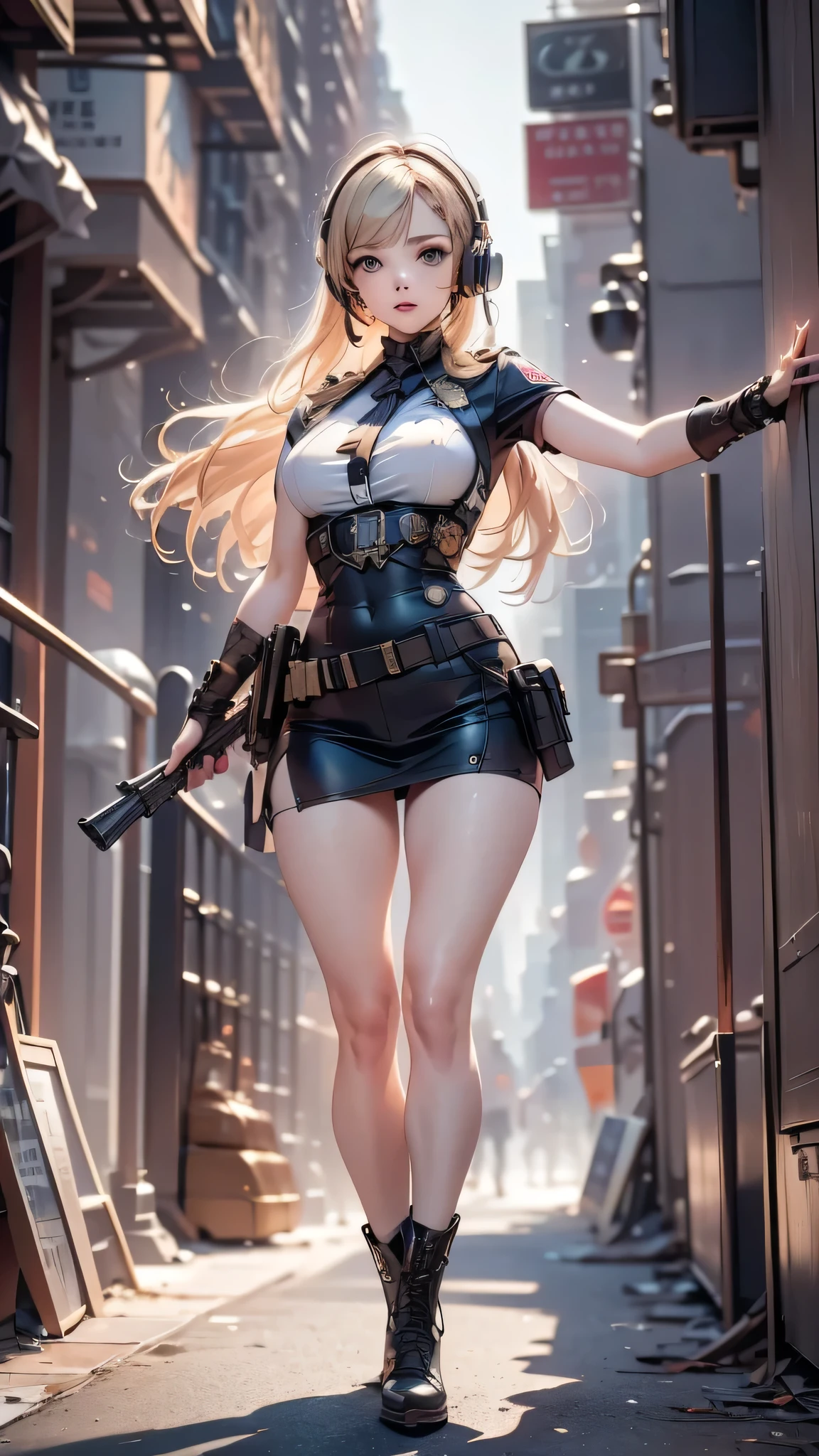 (masterpiece,Top Quality,Top Quality,very detailed,High Resolution),8k, wallpaper,one woman,American Women,blond with a big face,(beautiful eyes,beautiful hair,beautiful skin,beautiful face),Serious,full body,(((Shootout in a narrow alley ))),(Dynamic exercise),((pistol)), New York City Police Special Forces uniform, Bulletproof Vest ,Combat Boots,Tactical Foster, Tactical Headset ,( The background is New York City :1.6),((( background blur )))