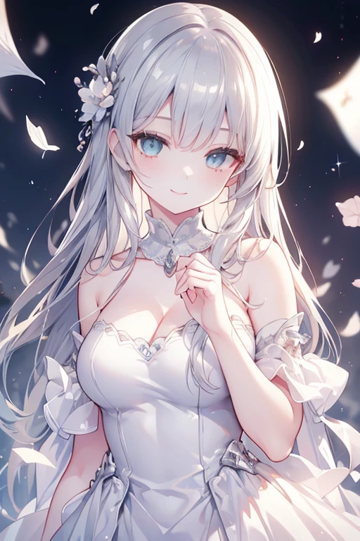 masterpiece, best quality, ultra-detailed, illustration, portrait, 1girl, st. louis \(luxurious wheels\) \(azur lane\), hair ornament, earrings, necklace, portrait, (((silver dress))), (((revealing clothes))),  looking at viewer, solo,