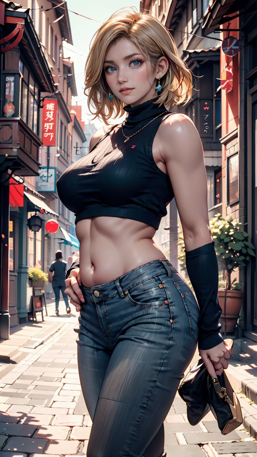 unparalleled masterpiece, ultra realistic 8k CG, perfect artwork, (1girl:1.1) , solo, ((perfect female figure)), (nsfw), looking at viewer, mature female, bimbo (android 18) standing, (teasing), best quality:1.1 , seductive posture, sexy pose, alluring, (beautiful), (curvy), (thick), blonde hair, (blue eyes:1.2), short hair, earrings, jewelry, denim vest, open vest, black pantyhose, black shirt, denim skirt, striped long sleeves, blue skirt, toned legs, fit, (abs:1.1), (big butt:1.4), peach ass, (athletic body:1.2), (large breasts:1.3, (big_breasts:1.1), wide_hips:1.5, narrow waist, small waist:1.5, slender body:1.2, thick thighs:1.3), (shiny skin:1.2), (hdr), (street:1.2), Nikon D850 film stock photograph Kodak Portra 400 camera f1.6 lens, rich colors, lifelike texture, dramatic lighting, unreal engine, trending on ArtStation, by Gerald Brom, by Frank Frazetta, by Luis Royo, by Julie Bell, by Boris Vallejo