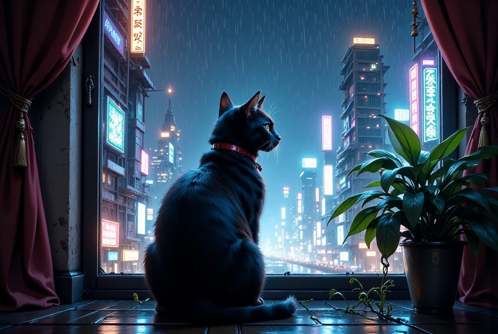 Cyberpunk Style，Lonely lazy cat，The interior is dimly lit，floor to ceiling window，Rained，the night，neonlight，skyscrapper，4k高清，6.43 inches，A picture