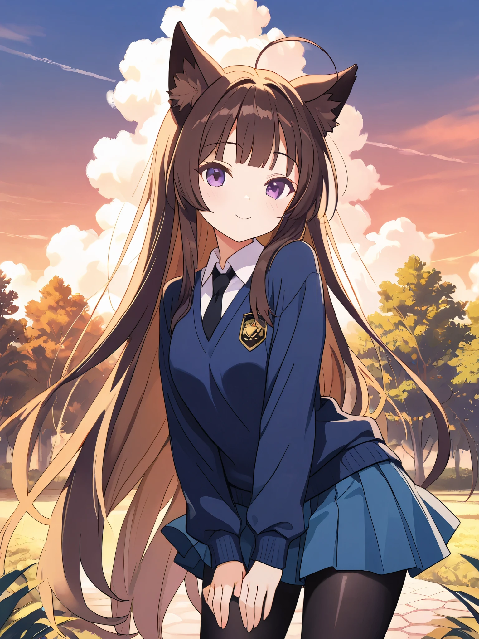 ung girl, solo, looking at viewer, white skin girl:1.6, dark brown long fluffy hair:1.4, side swept parted hair bangs, ahoge, dark brown fox ears, highschool girl, very short girl, detailed face, neutral expression, dark purple eyes, smile, anime, 8K, HDR, studio lighting, portrait photo, warm color palette, natural lighting, detailed background, outdoors, trees, plants, blue skies, cumulonimbus cloud, cute pose, serene, st. gloriana's school uniform, blue sweater, emblem, long sleeves, white shirt, black necktie, blue skirt, miniskirt, pleated skirt, black pantyhose, shoes, black loafers
