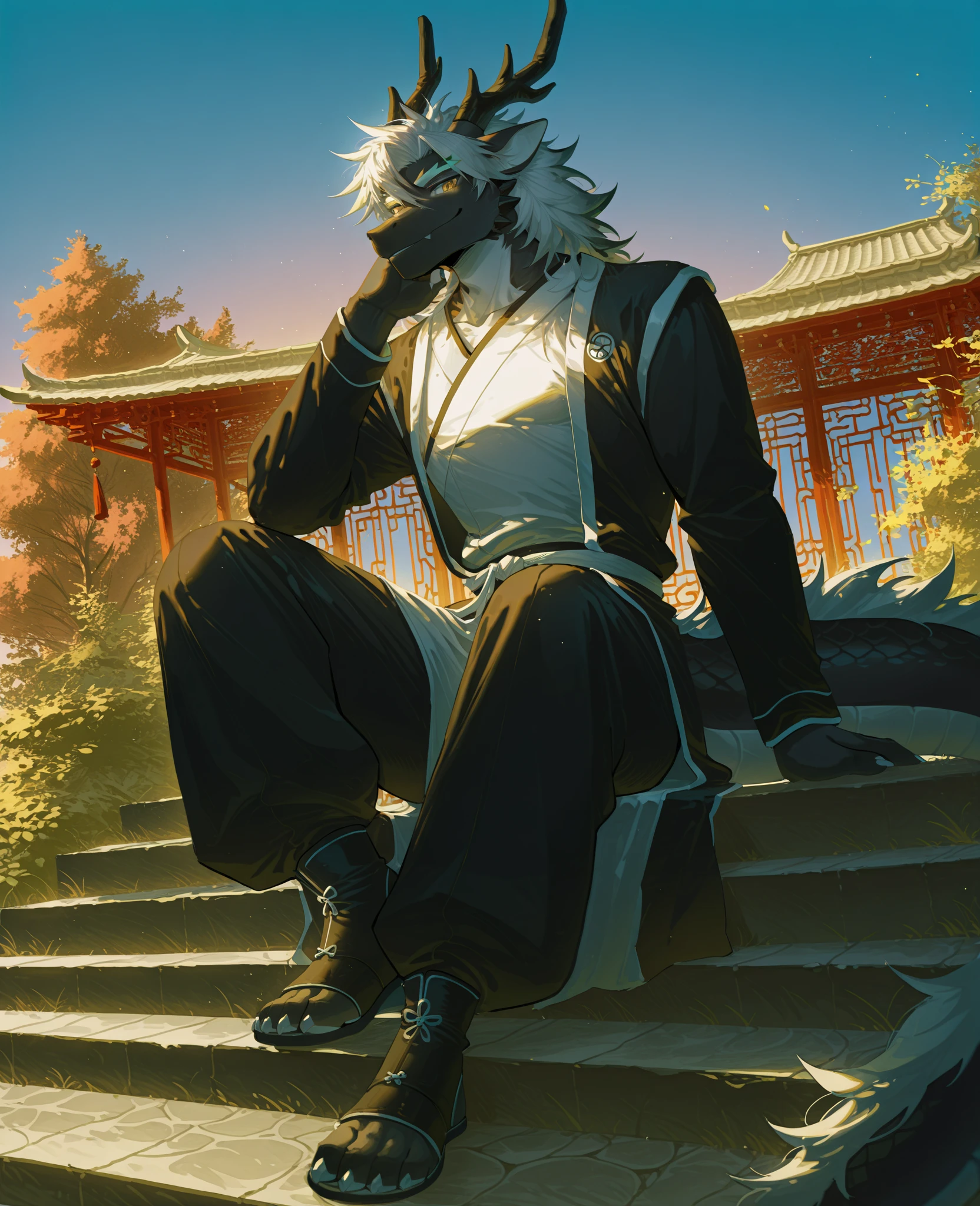 A solo sergal squatting in a all black long japanese kimono in a angelic style, with white slime dripping from his wet body(very elegant) ((male)) (muscles)((black and white)) ((male) (anthro) ([sergal])), hi res, photorealism, soft shading, (detailed fur: 1.1), happy looking, (legs), (solo: 1.1), ),, tail raised, ((beautiful) eyes: 1.1), (detailed eyes: 1.1), (detailed), (masterpiece: 1.2), (athletic), good anatomy, detailed face, (by Kenket), by Ross Tran, by Michael & Inessa Garmash, by Pino Daeni, by Kiguri,  by Alena Aenami, by Ruan Jia