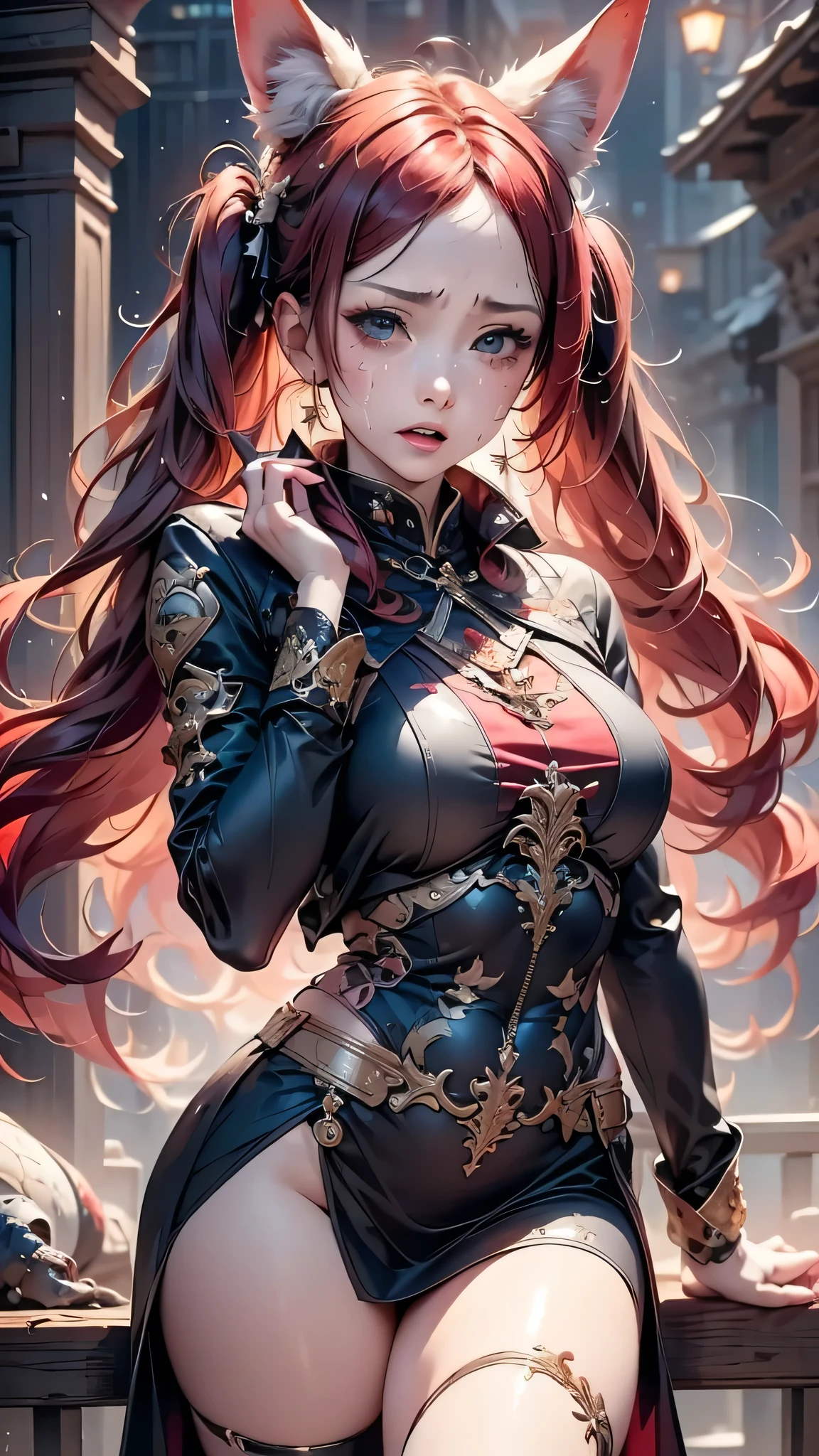 empty hand, ,( cry), a character portrait, fantasy art , (cyberpunk), a maiden with fox ears and fox tails,, natural lighting, masterpiece, 1 beautiful girl, Detailed eye, Swollen eyes, top-quality, A high resolution, on Asian beauty, very extremely beautiful, Beautiful skins, A slender, Forward-facing body, (A hyper-realistic), (high resolution), (4K), (highly detailed),( Best Illustration), (beautifully detailed eyes), (ultra-detailed), Detailed face, Bright lighting, Professional Lighting, distance view, (lantern), ((samurai)),((long hair)),((cry)),((colorful hair)),((red color splash)),1girll,twintails,Colorful hair,Flying, short skirt,pink bows,((-yeld fee model)) ,Psychopath horror, Bloody、Blood droplets,( Stand Neck long sleeve black jacket)