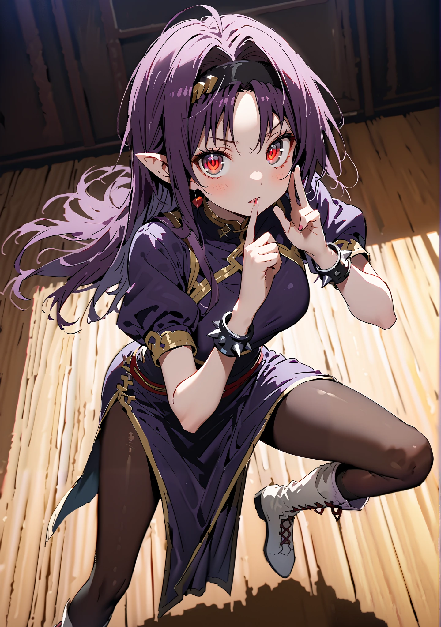 score_9, score_8_up, score_7_up, source_anime,
yuukiKonno, Konno Yuuki, headband, long hair, pointed ears, purple hair, red eyes, double chauban ,serious,close your mouth,chunlicosplay, Chunli \(cosplay\), blue dress, boots, bracelet, brown pantyhose, china dress, Chinese clothes, cross lace footwear, dress, gold trim, jewelry, pantyhose, pelvic curtain, puff sleeve, band, short sleeve, side slits when it comes out, spiked bracelet, spike, White footwear,That's right.,standing, leg up, Leg lift, Beautiful cityscape, combat posture,full bodyがillustration for both eyesに入るように, break outdoors,Chinatown,
break looking at viewer,full body,
break (masterpiece:1.2), Top Quality, High Resolution, Unity 8K Wallpaper , (illustration for both eyes:0.8), (Beautiful Detailed Eyes:1.6), very detailed face, perfect lighting, highly detailed CG, (perfect hands in a dark bedroom, perfect anatomy),