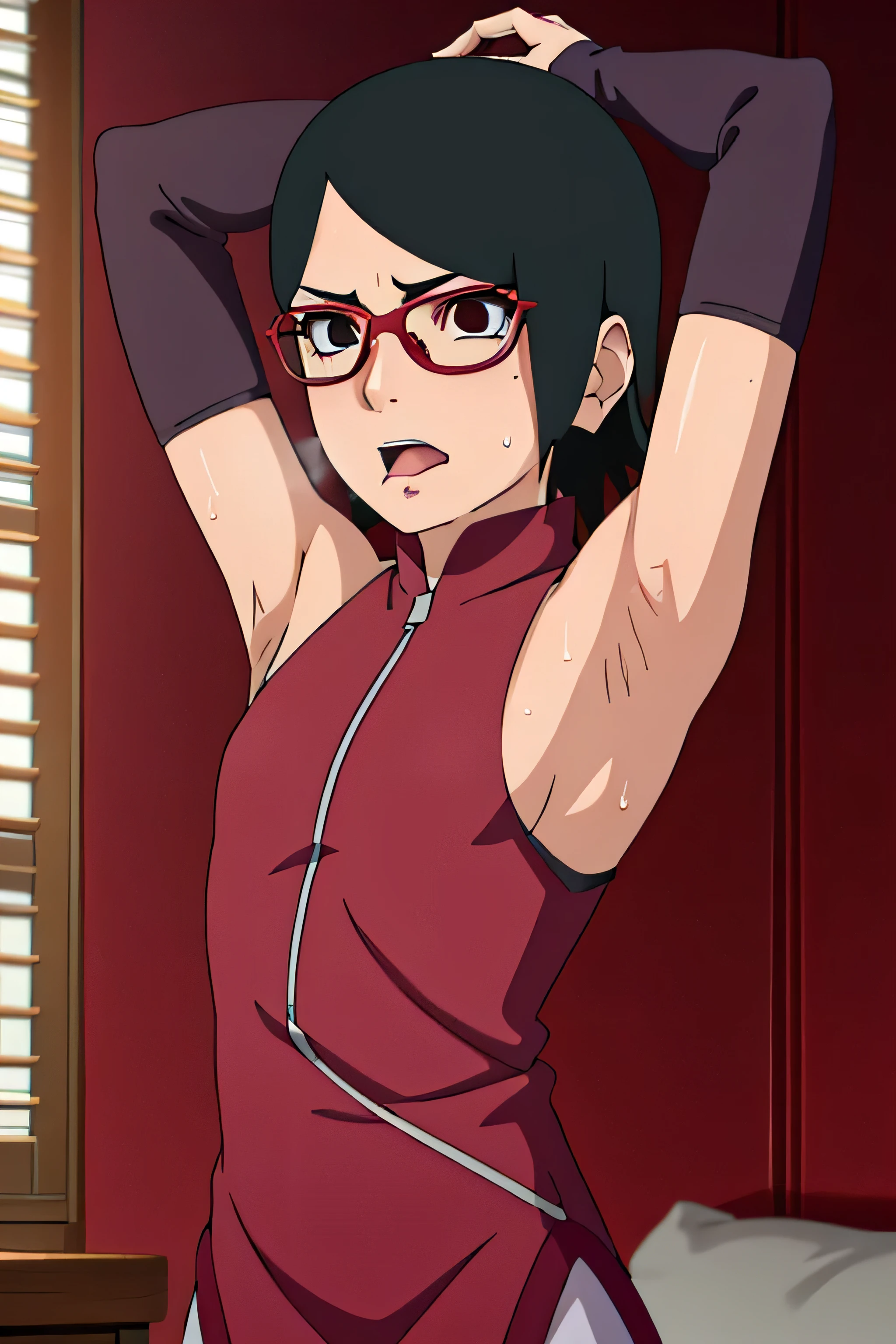 Sarada Uchiha,human woman with fair skin. She is a r with black eyes and red clothing. Her hair is black in color; She is beautiful.Wearing red rimmed glasses.Tsundere face. Pink eye shading,mature appearance,armpits,sweat,sweaty,sweaty armpits,arms up,showing armpits,awesome armpits,outfit,blackish red arm warmers,maroon arm bands,maroon arm warmers,showing tongue,tongue out