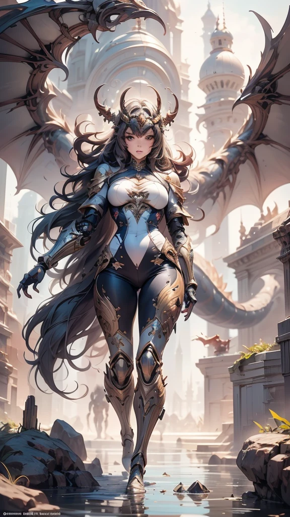 brown skin, older woman, sexy, tall, brown skin, one dragon wing, black hair, elf, elf ears, dragon horns, dark clothing, purple clothing