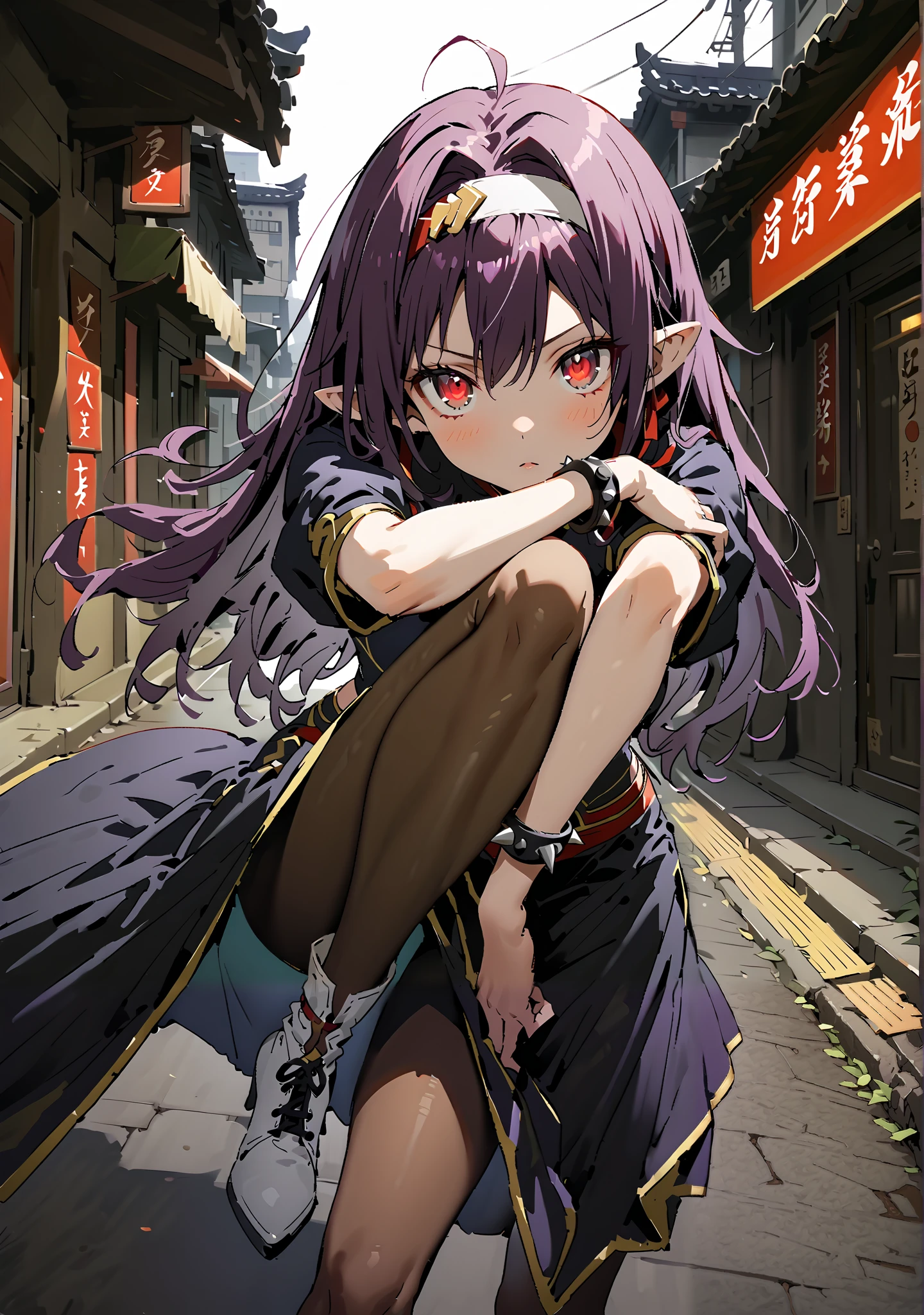 score_9, score_8_up, score_7_up,  source_anime,
 yuukiKonno, Konno Yuuki, headband, long hair, pointed ears, purple hair, red eyes, double chauban ,serious,close your mouth,chunlicosplay, Chunli \(cosplay\), blue  dress, boots, bracelet, brown pantyhose, china  dress, Chinese clothes, cross lace footwear,  dress,  gold trim,  jewelry, pantyhose, pelvic curtain, puff sleeve, band, short sleeve, side slits when it comes out, spiked bracelet, spike, White footwear,standing, leg up, Leg lift, Beautiful cityscape, combat posture,full bodyがイラストに入るように,                                                        break outdoors,Chinatown,
break looking at viewer,full body,
break (masterpiece:1.2), best quality, High Resolution, Unity 8K Wallpaper, ( illustration of a woman with a penis :0.8), (Beautiful Detailed Eyes:1.6), very detailed face, perfect lighting, very detailed CG, (perfect hands with full nudity, perfect anatomy),