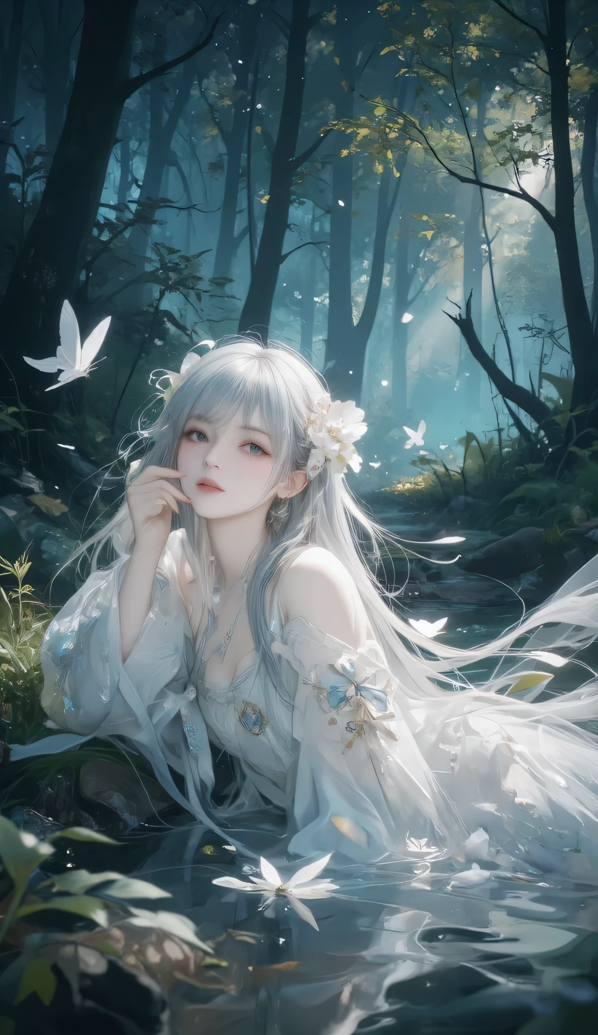 Masterpiece, Best Quality, Top Quality, Very Detailed, A mesmerizing anime-style illustration of a pale, ethereal girl with long, flowing silver-white hair, lying gracefully in a mystical forest stream. She wears a delicate gown adorned with floral patterns and translucent butterfly-like details that blend harmoniously with nature. Her soft, melancholic gaze and slightly flushed cheeks add an air of mystery and serenity. The surrounding forest is dense and dark, with faint bluish-green lighting filtering through the trees, creating an enchanting contrast against her luminous, almost ghostly presence. White butterflies flutter around her, enhancing the dreamlike and magical atmosphere. The water reflects her image softly, adding depth and tranquility to the scene.