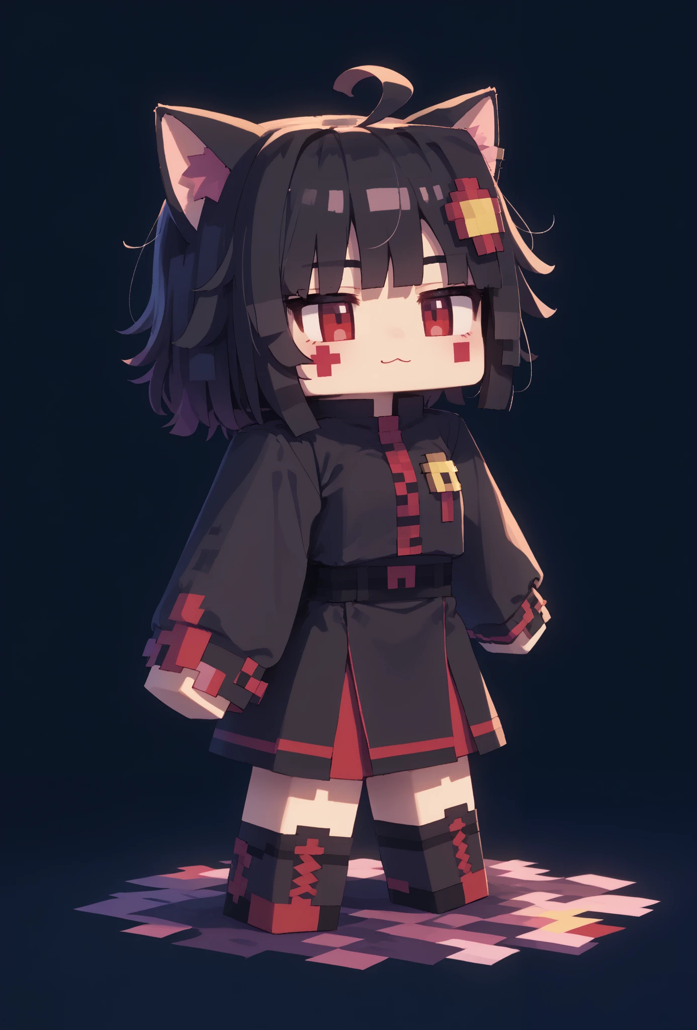 temic10 , Chibi, 1 girl, Alone , colorful, score_9, score_8_arriba, score_7_arriba, masterpiece, the best quality, very aesthetic, cat ears, (red eyes), , black hair, (Ahoge), straight bangs,, messy hair,