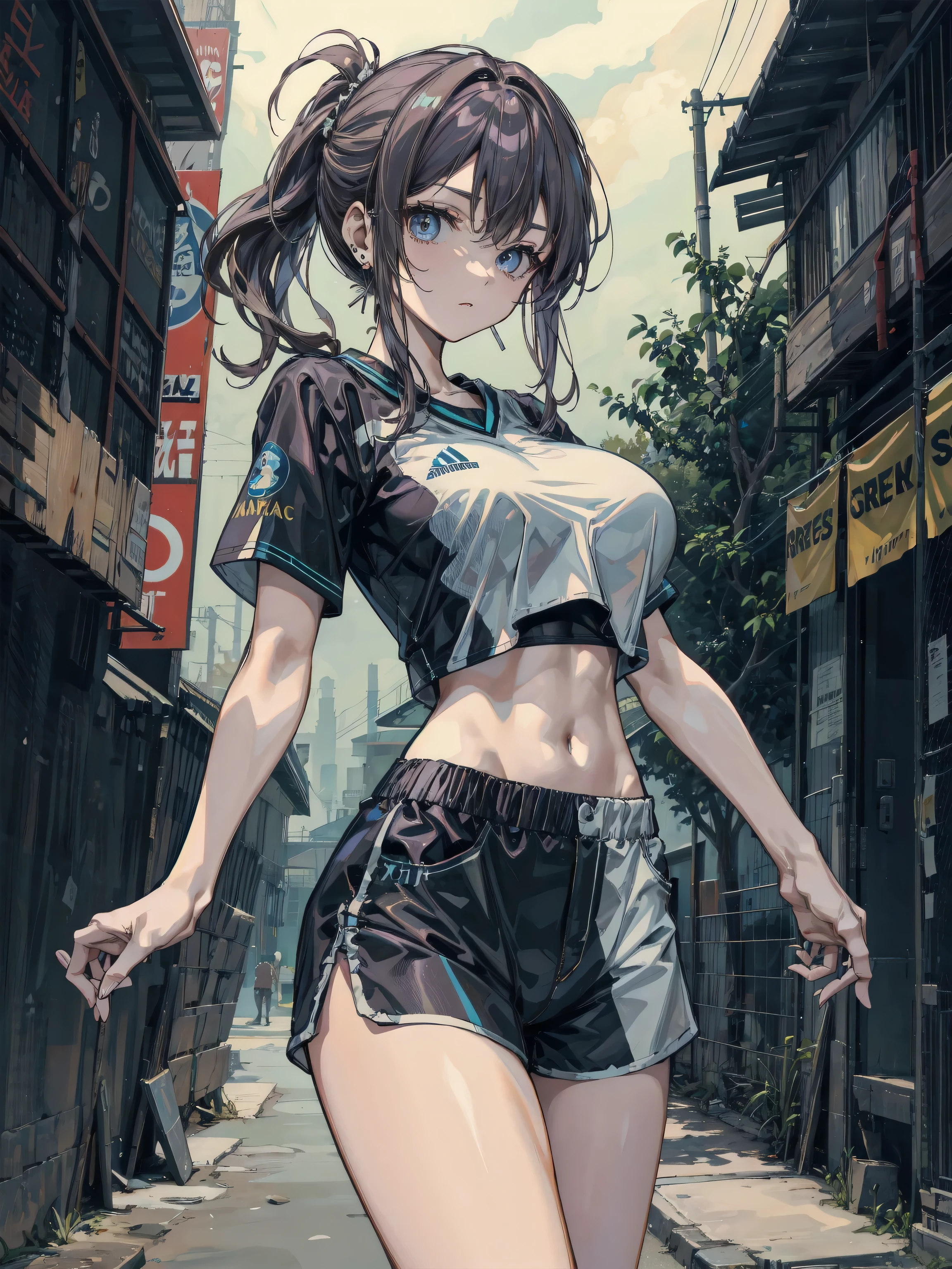 (((extremely fine lineart))), (masterpiece,best Quality,Perfect Anatomy),extremely beautiful detai led anime face and eyes,cowboy shot,nsfw,(female slave),27 years old、Beauty、solo, brown hair,long hair,brown eyes,sad,slender body,very small head:1.3、medium breasts,brown skin,gleaming skin,oily skin,shiny skin,sweat,(handcuffs,chain,torn white t-shirt、perfect white panties),arms behind back,walk,outdoors、ruined boulevard、Ruined Tokyo、apocalyptic world、