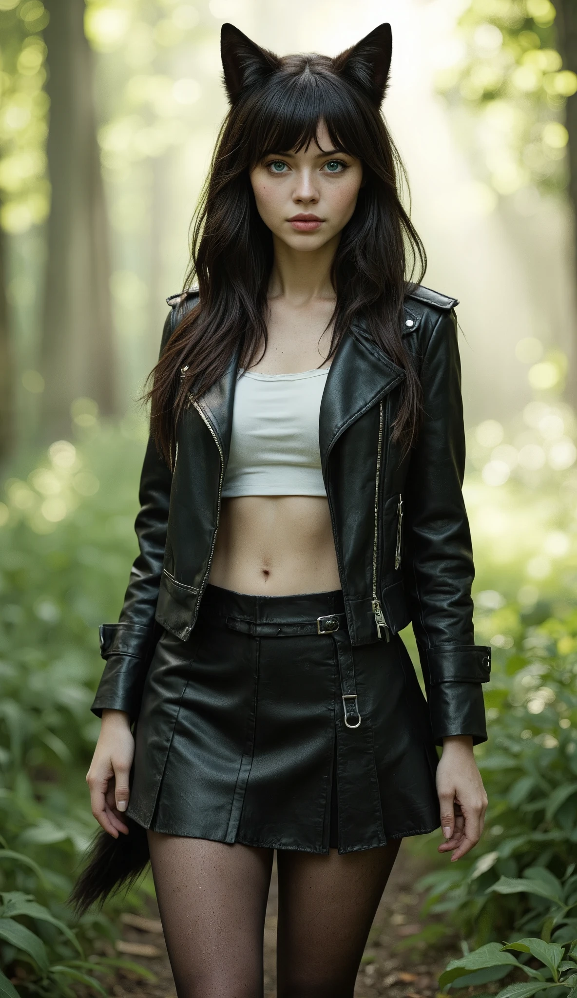 A realistic ite wolfkin girl with shoulder-length straight dark hair, flowing freely, and bright blue eyes featuring vertical, cat-like pupils.  
She possesses, fluffy wolf ears and a long, wolf tail. Her skin is pale. She wearingm fantasy leather jacket. white top behind him, short skirt with black pantyhose.
She's depicted in almost full height, standing in a sun-dappled forest clearing. 
The overall style is realistic, highly detailed.  
The background features a bokeh effect, blurring the forest into a soft, dreamy haze. 