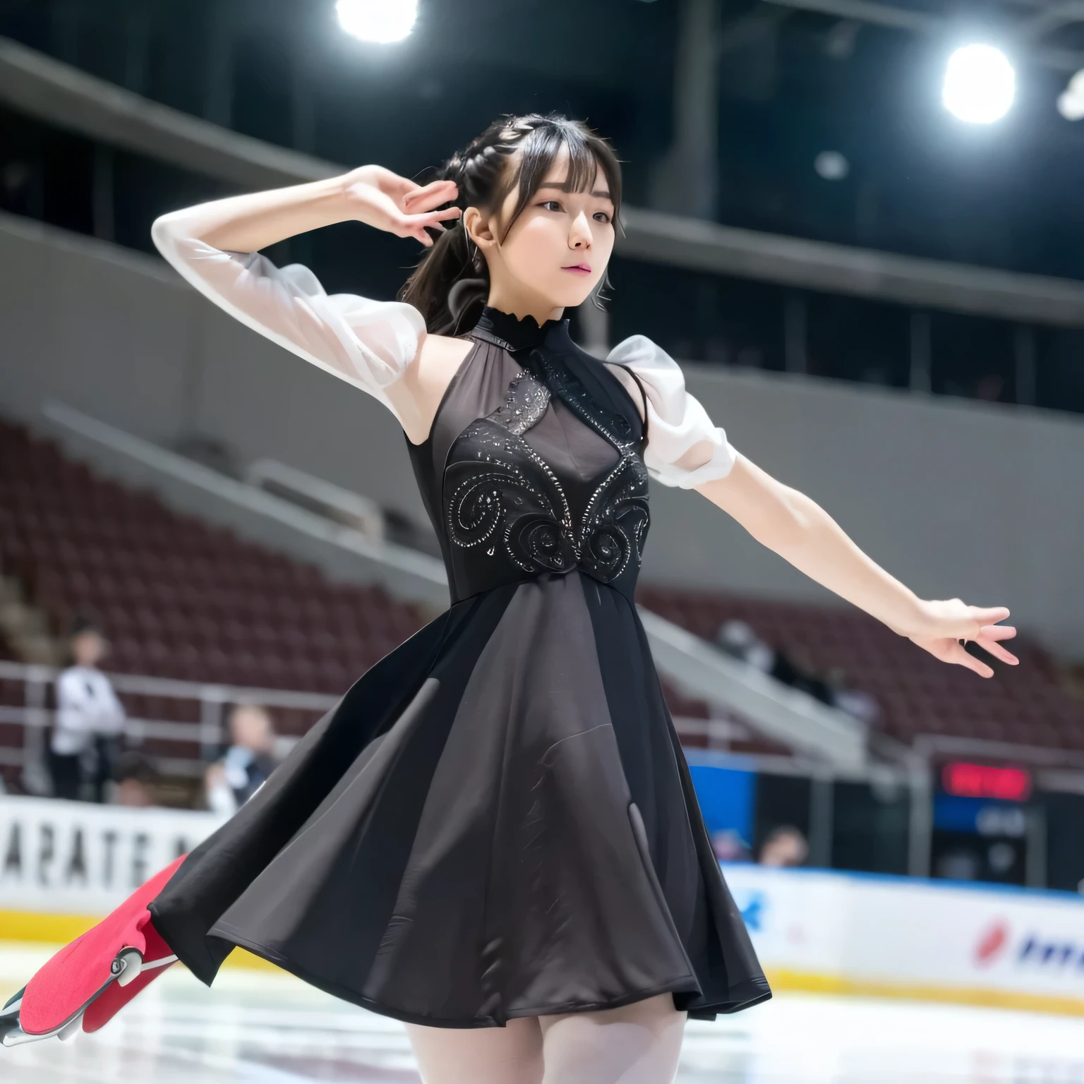 Depict a 20-year-old, stunningly beautiful woman gracefully gliding across the ice in a grand skating arena. She wears an elegant and intricately designed figure skating dress, adorned with shimmering details that reflect the arena lights. Her expression is serene yet focused, her movements fluid and dynamic, capturing the poise and strength of a professional skater. The background features a vast ice rink with soft lighting, enhancing the elegance of the scene. Black hair, long hair, dark eyes.