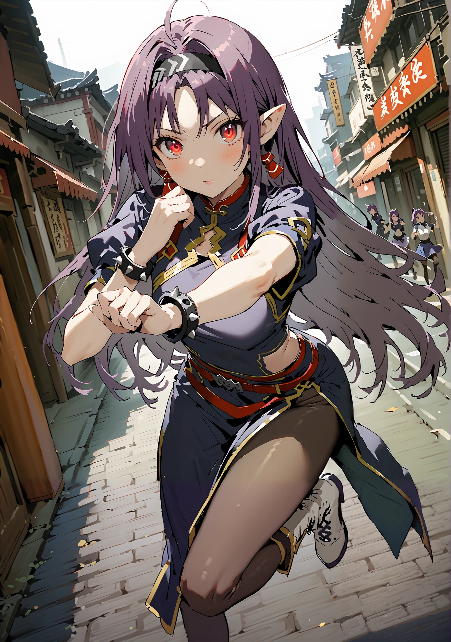score_9, score_8_up, score_7_up, source_anime,
yuukiKonno, Konno Yuuki, headband, long hair, pointed ears, purple hair, red eyes, double chauban ,serious,close your mouth,chunlicosplay, Chunli \(cosplay\), blue dress, boots, bracelet, brown pantyhose, china dress, Chinese clothes, cross lace footwear, dress, gold trim, jewelry, pantyhose, pelvic curtain, puff sleeve, band, short sleeve, side slits when it comes out, spiked bracelet, spike, White footwear,standing, leg up, Leg lift, Beautiful cityscape, combat posture,full bodyがイラストに入るように, break outdoors,Chinatown,
break looking at viewer,full body,
break (masterpiece:1.2), best quality, High Resolution, Unity 8K Wallpaper, ( illustration of a woman with a penis :0.8), (Beautiful Detailed Eyes:1.6), very detailed face, perfect lighting, very detailed CG, (perfect hands with full nudity, perfect anatomy),