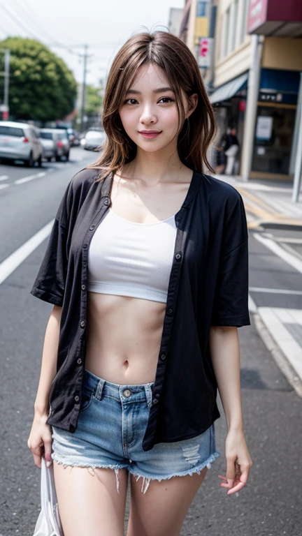 ((best quality, 8K, masterpiece:1.3)), Key Points: 1.2, Perfect body beauty: I can see your feet、From the front、Standing、, Hips: 1.2, ((Layered Hairstyle, breast: 1.2)), (Sportswear: 1.1), street, Sports jacket: 1.1, Highly detailed face and skin textures, Beautiful eyes, Double eyelids, Skin Whitening, Long hair, (Residence: 1.3), Smile，Long legs