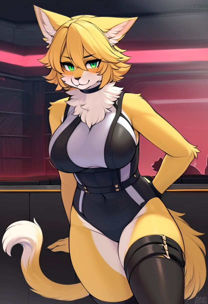 best quality, best resolution, (fluffy anthro furry), calico cat girl, maroon hair, short wavy hair, cat ears, brown eyes, big breast, (black strapless leotard, headband w/ long black rabbit ears, bowtie, cuffs), sitting, blushing, grumpy, night club, nighttime